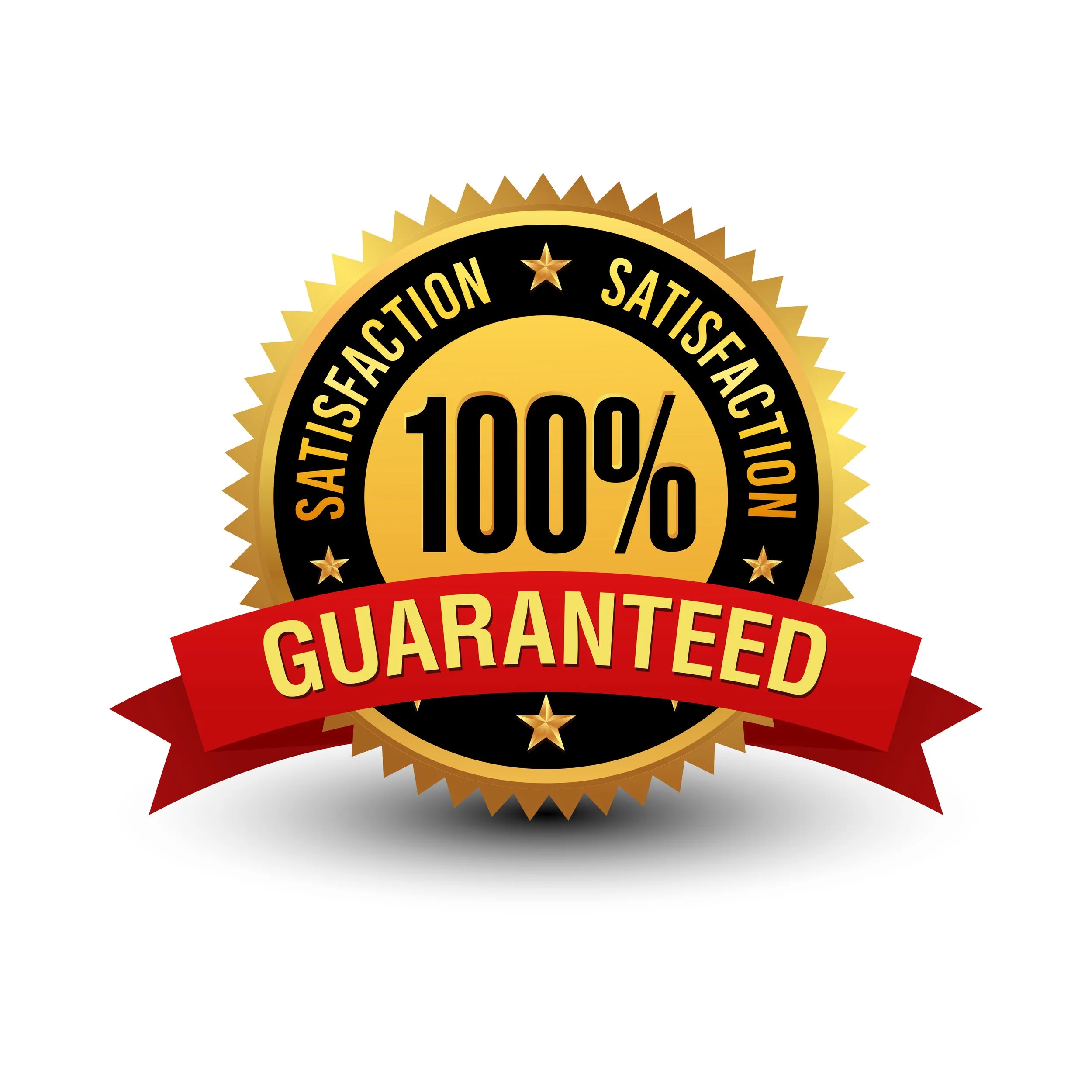 Gold and black badge with red ribbon stating "GUARANTEED" and text "100%" in the center, indicating satisfaction guarantee.