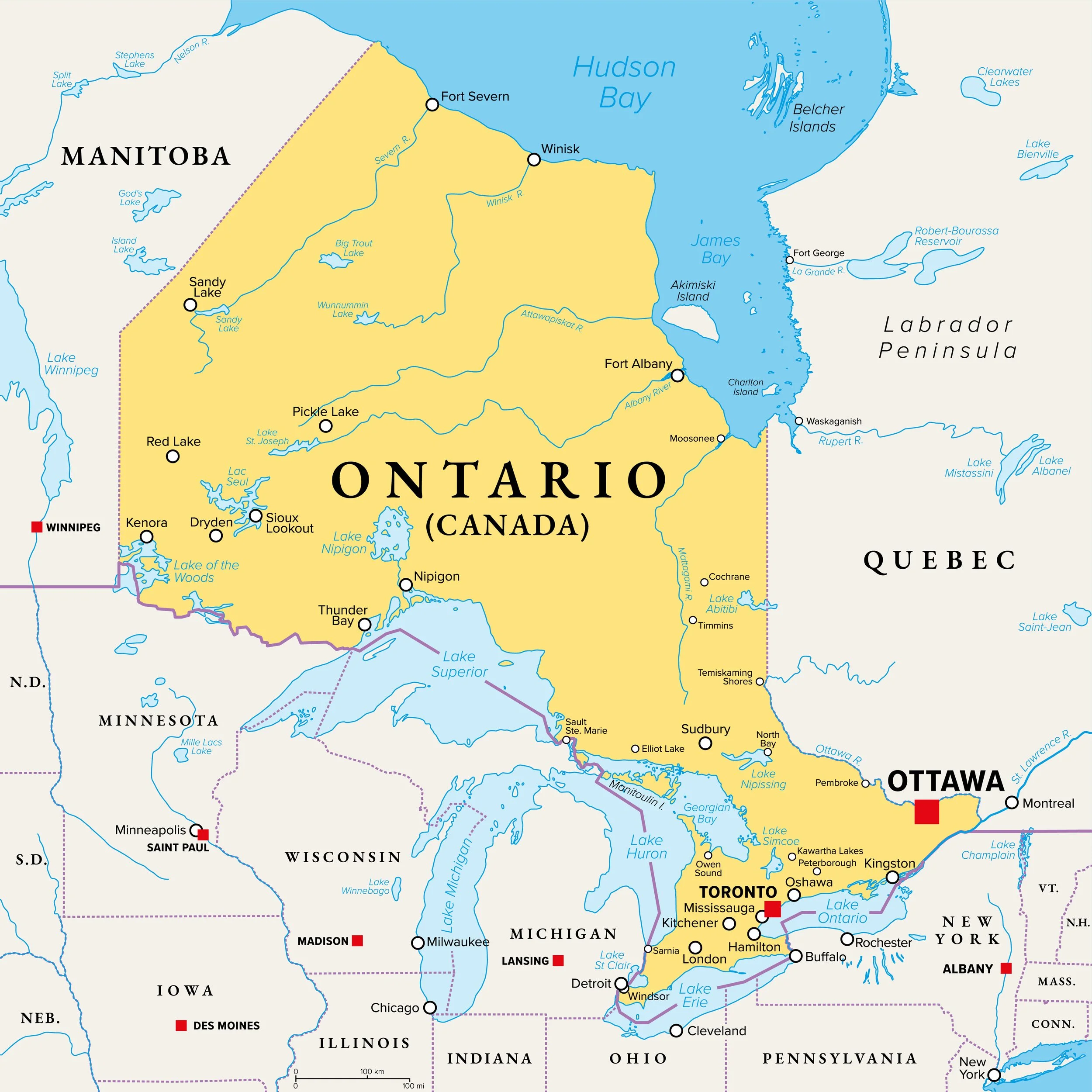 Map of Ontario, Canada, showing major cities, lakes, and waterways, with surrounding US states and provinces.