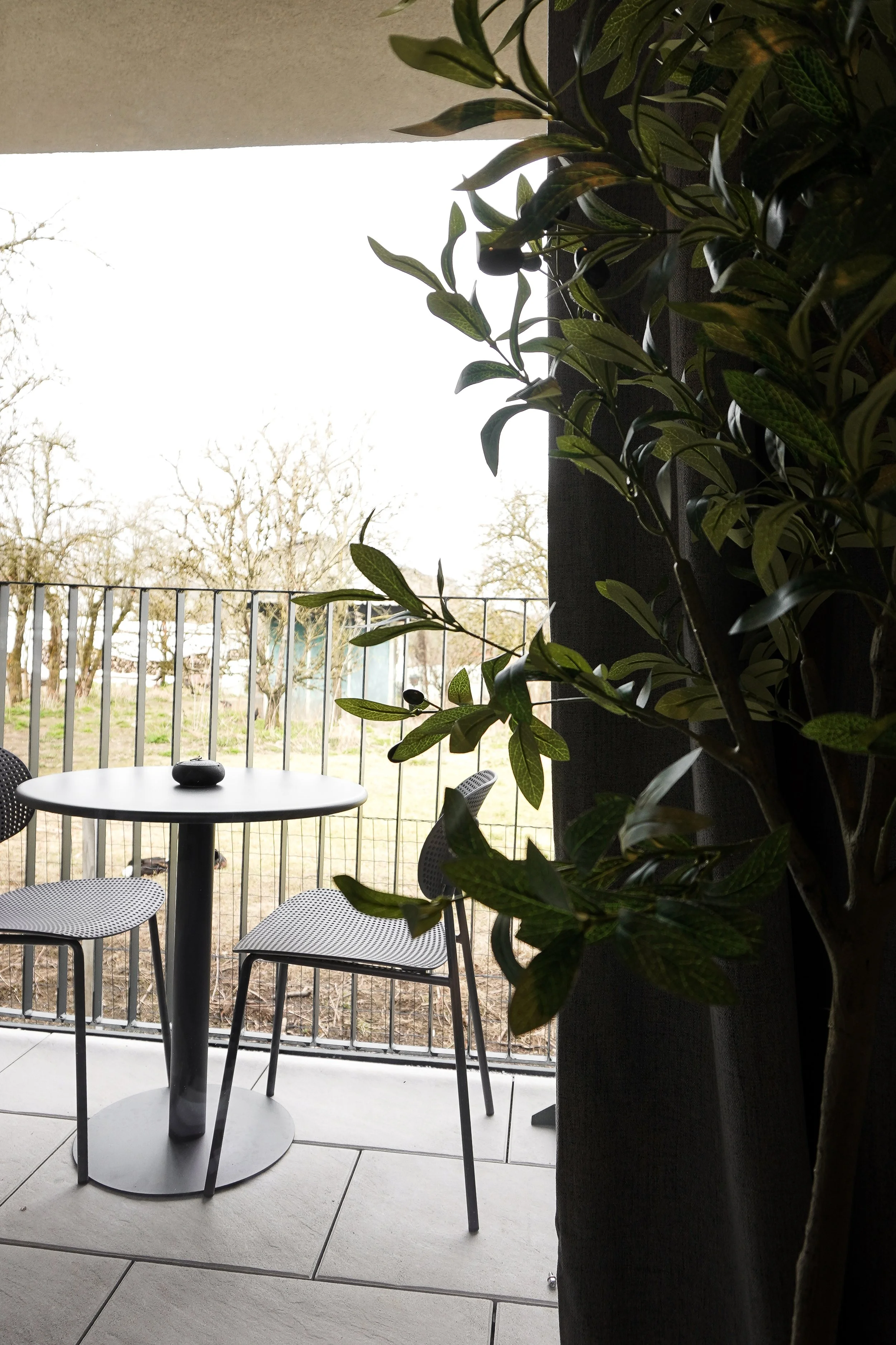 Balkon mit Tisch und zwei Stühlen, Blick auf eine grüne, offene Landschaft mit Bäumen, teilweise durch einen schwarzen Vorhang verdeckt, und einem grauen Himmel