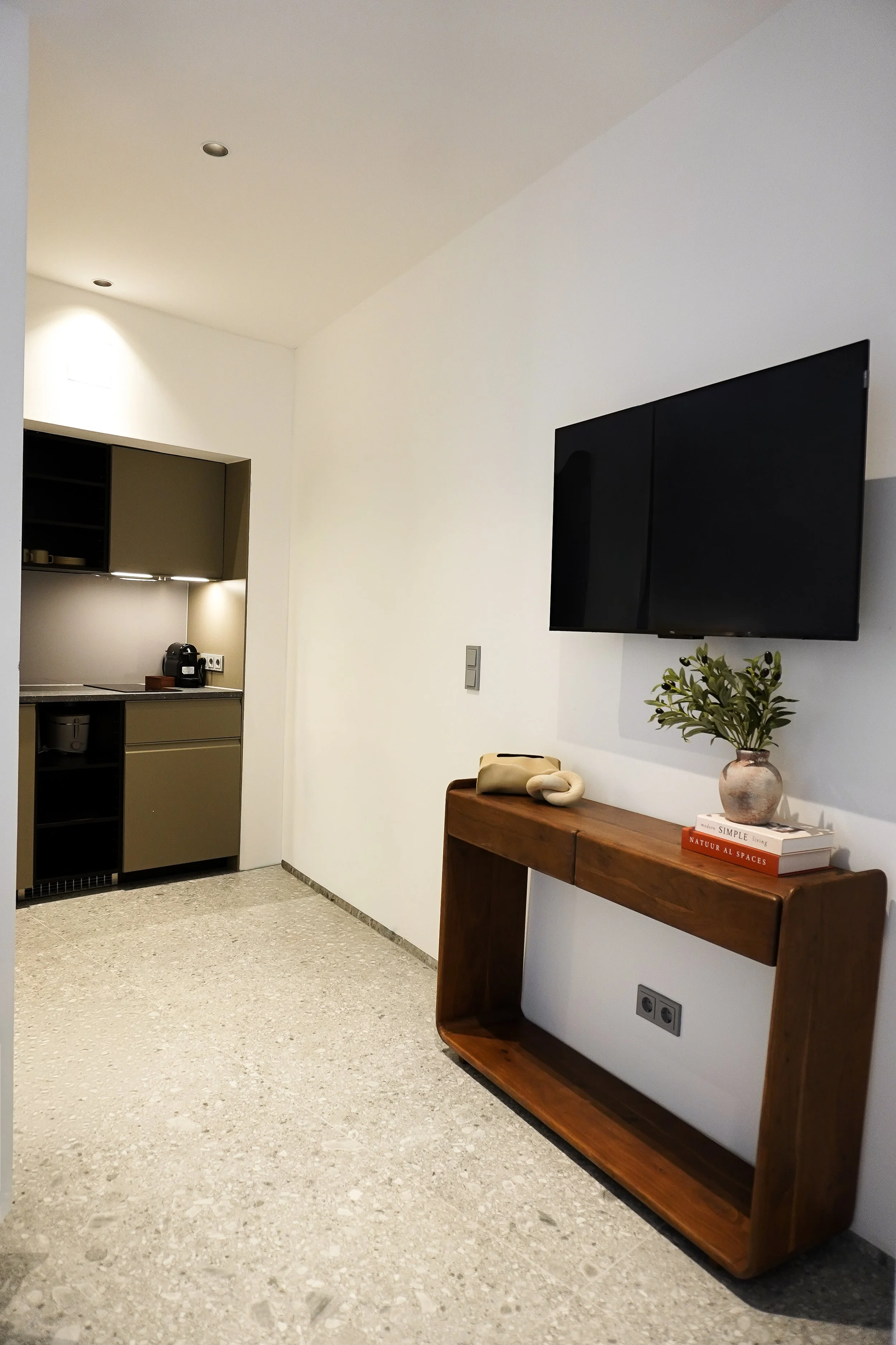 Moderner Wohnraum mit einer Holzkonsole, einem Fernseher, einer Vase mit Pflanzen, Büchern, und einem kleinen Küchenbereich im Hintergrund.