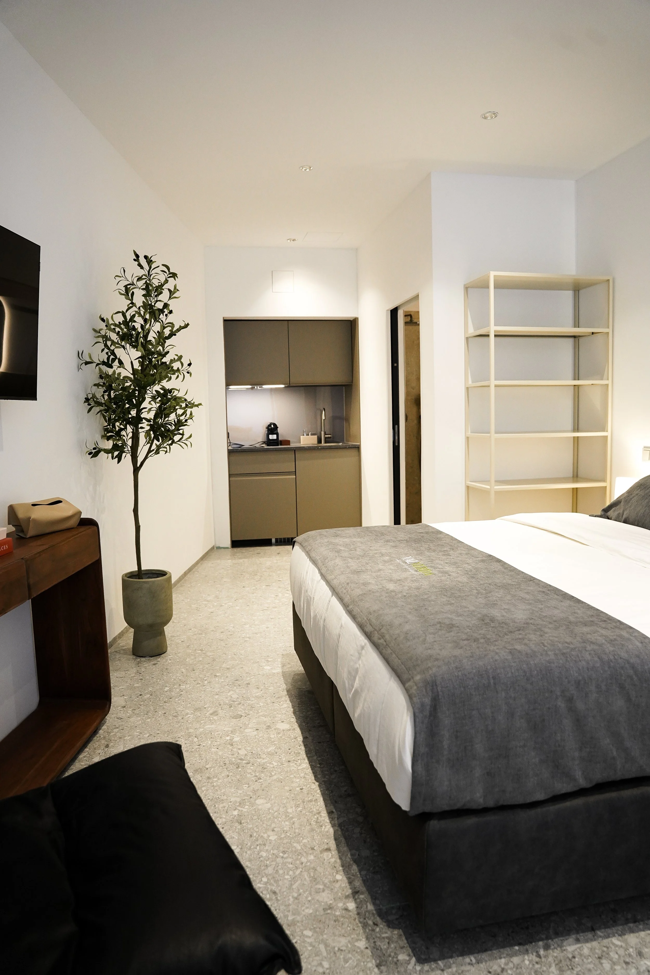 Ein modern eingerichtetes Hotelzimmer mit Doppelbett, einem Regal, einem kleinen Küchenbereich im Hintergrund, einer Pflanze und einem Fernseher an der Wand.
