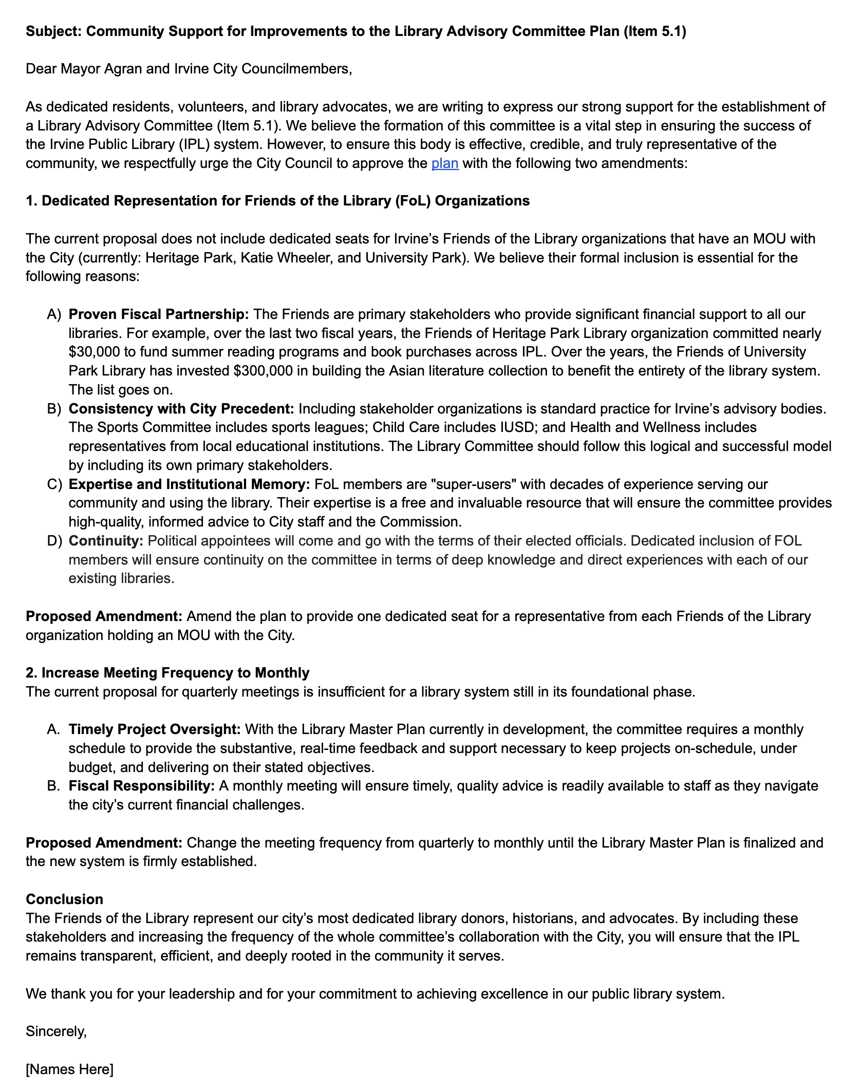 Support the establishment of an effective Library Advisory Committee