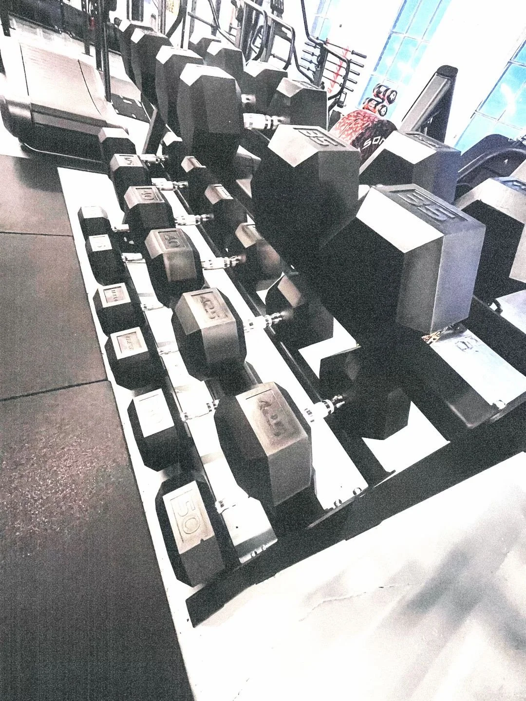 Dumbbell weights on a black and silver rack in a gym, with black weight plates and a window in the background.