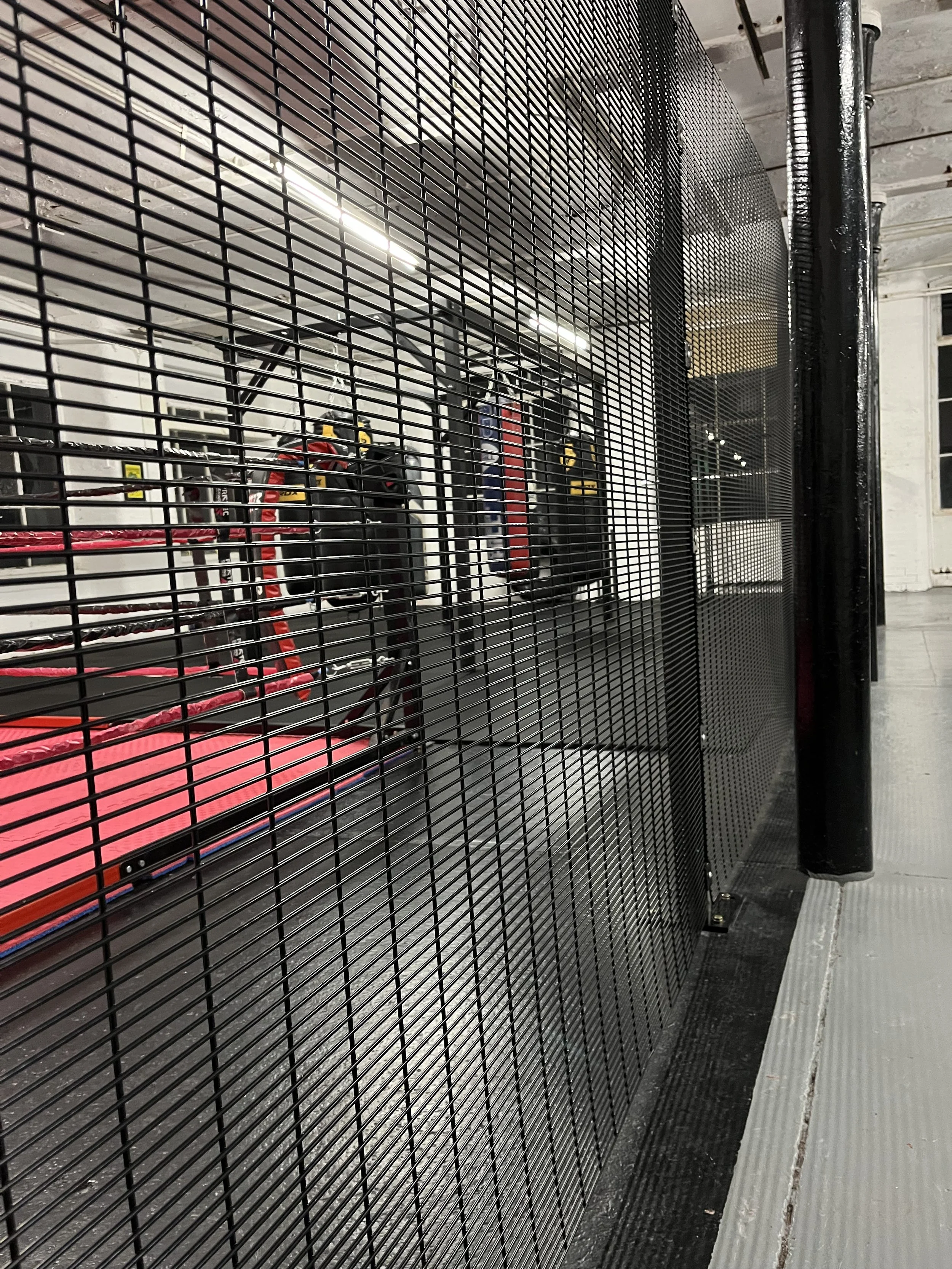 A metal security gate in front of an indoor area, possibly a sports facility, with gym equipment visible through the gate. The floor has textured rubber tiles and a white strip along the edge.