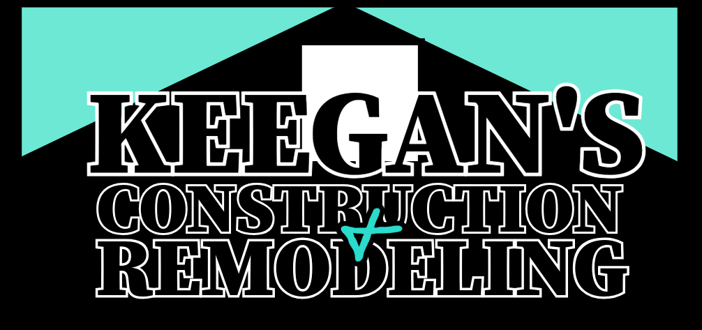 Logo for Keegan's Construction & Remodeling featuring black and white text with a turquoise checkmark and turquoise accent in a geometric design.