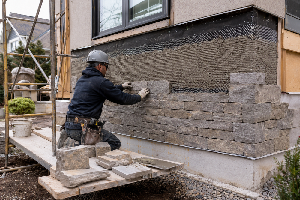 Stone veneer installation on the front of a home in Cary Illinois