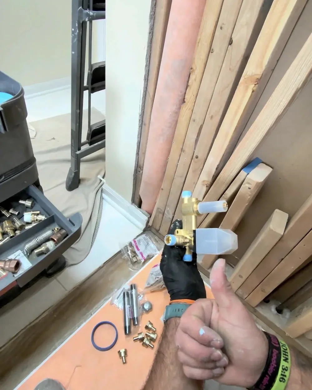 Valve & Diverter Installation — Installing the new shower valve and diverter.