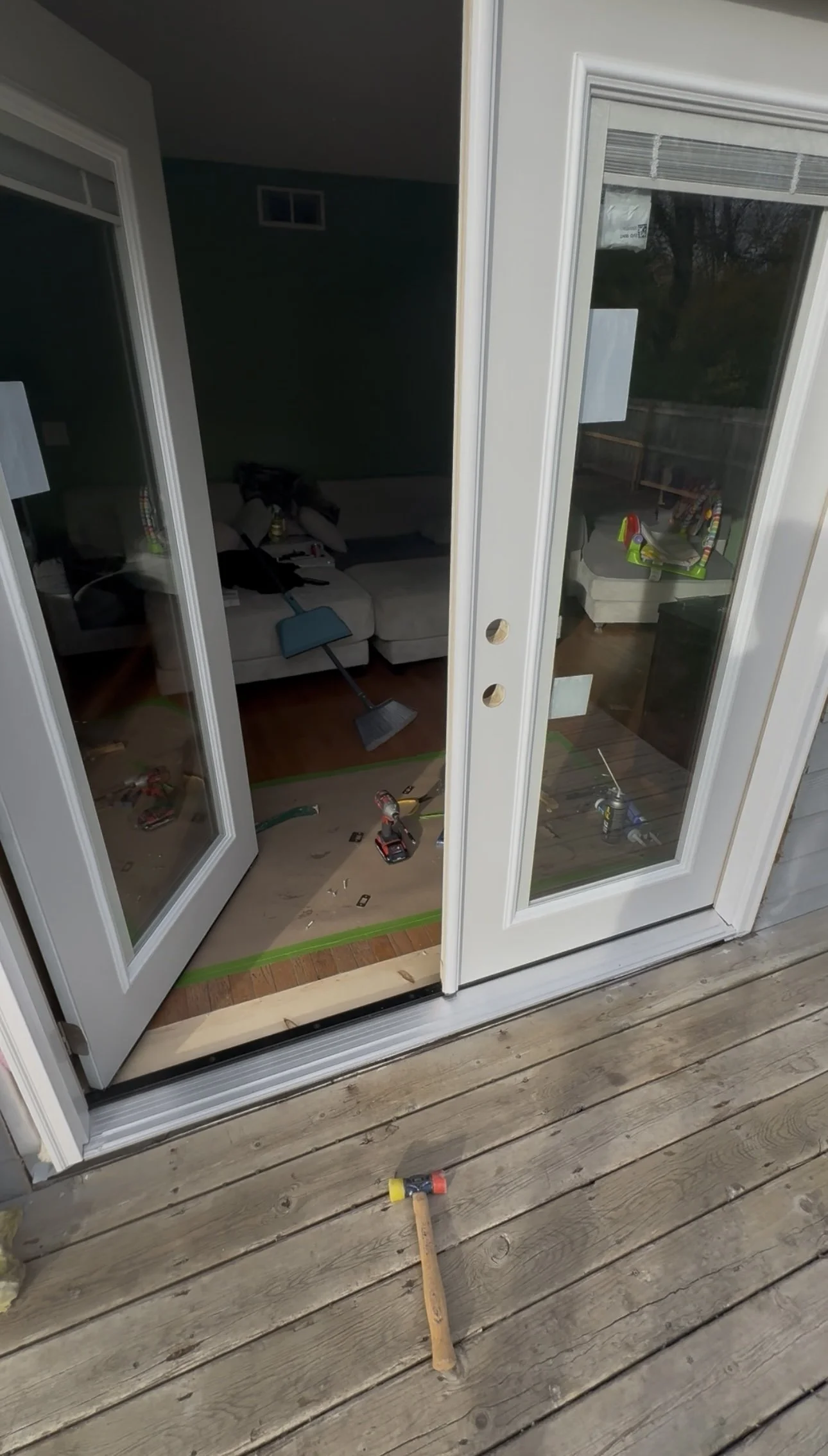Double glass patio doors being installed in Marengo Illinois