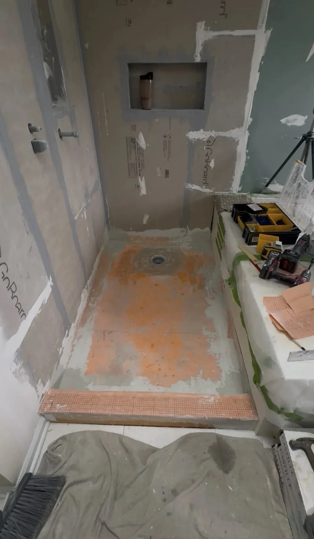 Ready for Floor Tile — Another view of the shower base before installing mosaic tile.