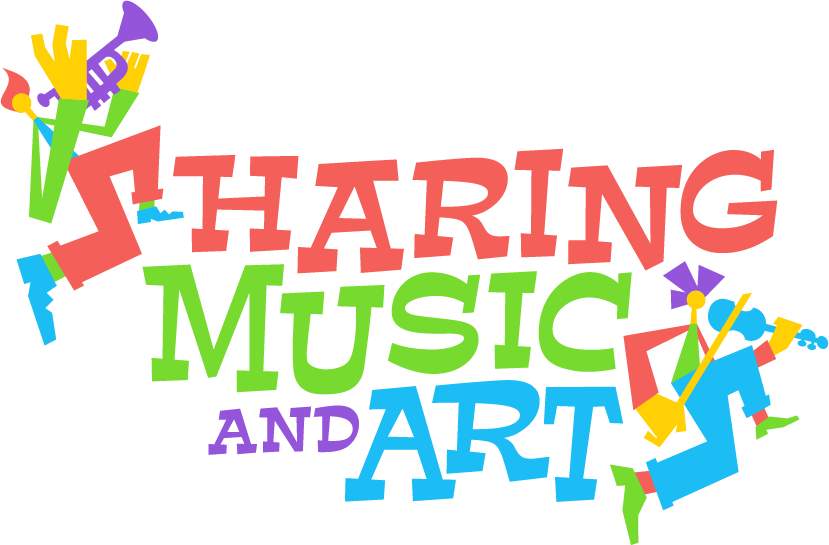 Colorful graphic with the words "Sharing Music and Art" in bold, decorative letters, accompanied by abstract musical notes, paintbrushes, and art-like shapes.