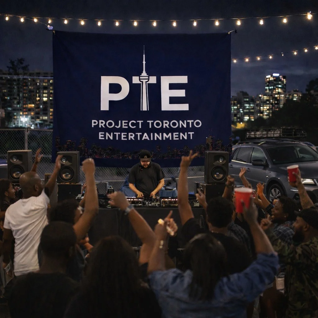 An outdoor concert at night with a DJ performing in front of a blue banner that reads 'P.I.E Project Toronto Entertainment.' There are string lights overhead, and a crowd of people cheering and raising their hands, some holding red cups. The background features city buildings.