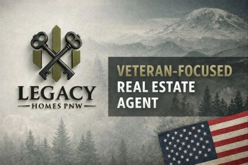 Logo of Legacy Homes PNW with two crossed keys and a forest background, advertising a veteran-focused real estate agent service with an American flag in the corner.