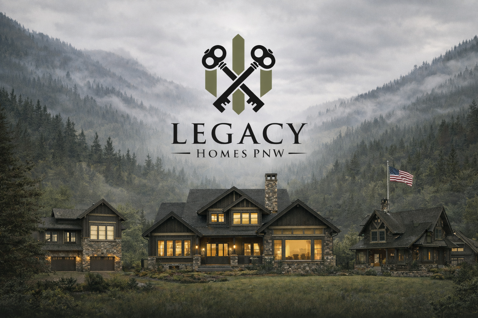 A mountain landscape with a large house in the foreground, lit from inside. The house has a stone exterior and a chimney. An American flag is flying to the right of the house. The background features fog-shrouded mountains with dense forests. The image has a logo with crossed keys and the text "Legacy Homes PNW".