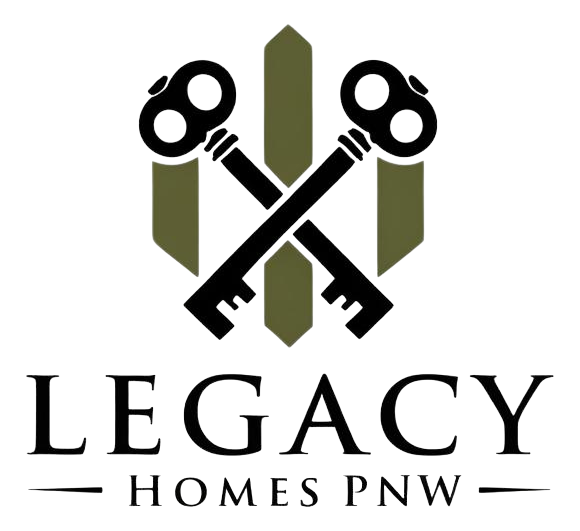 A logo with two black crossed keys, a green arrow pointing down, and the words "LEGACY HOMES PNW".