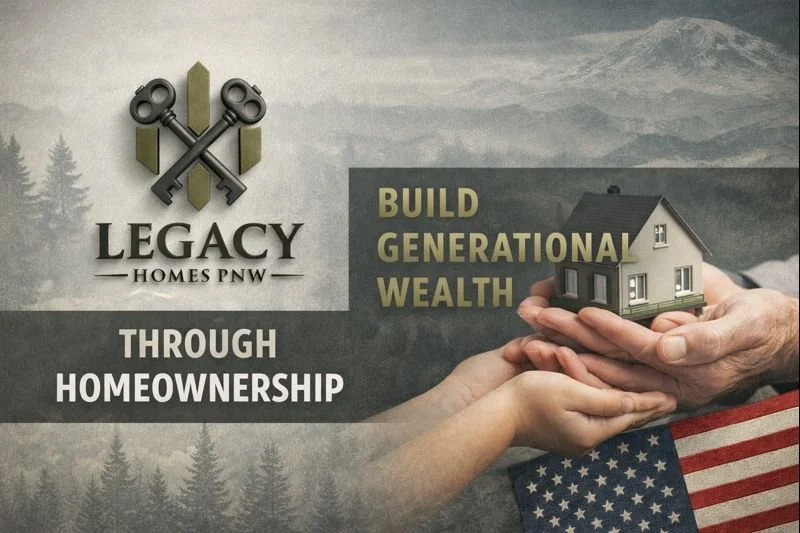 Logo for Legacy Homes PNW with crossed keys and a house, message about building generational wealth through homeownership, and United States flag in the background.