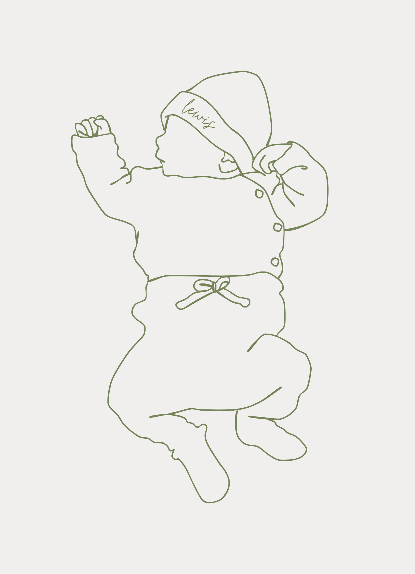 Geboorte lijntekening van een baby die ligt en zijn armen buigt, met een muts waarop ‘Lewis’ staat en een jas met knopen.