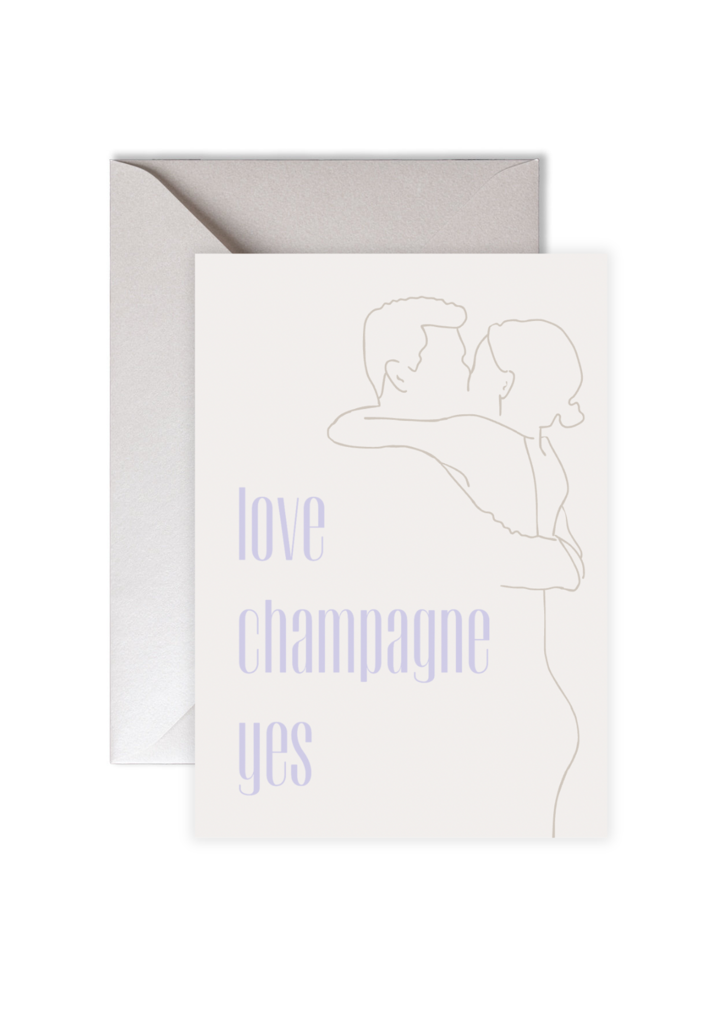 Een wenskaart met een lijntekening van een omhelzend stel, met de tekst ‘love champagne yes’ in lichtpaars.