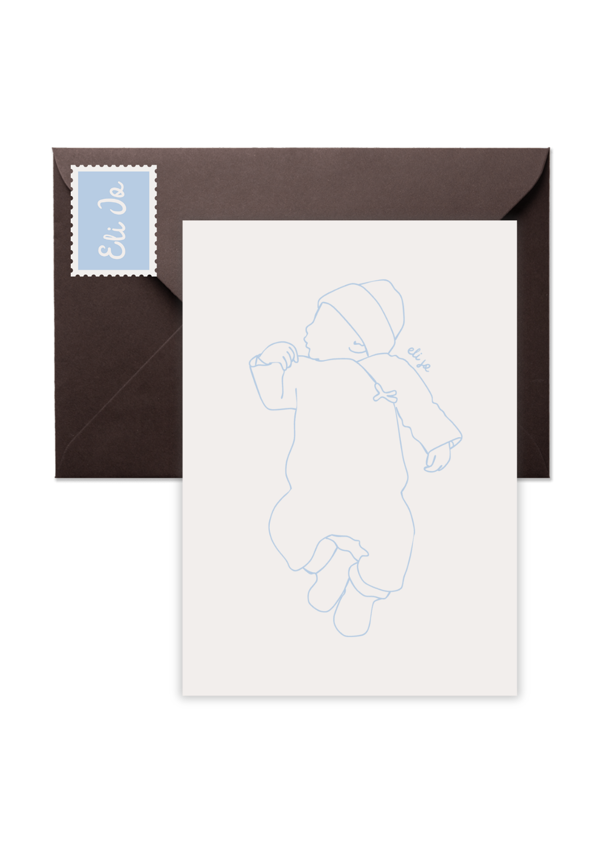 Lijntekening van een slapende baby in een luier en muts, met een handje bij de mond, op een witte kaart met een bruine envelop erachter.