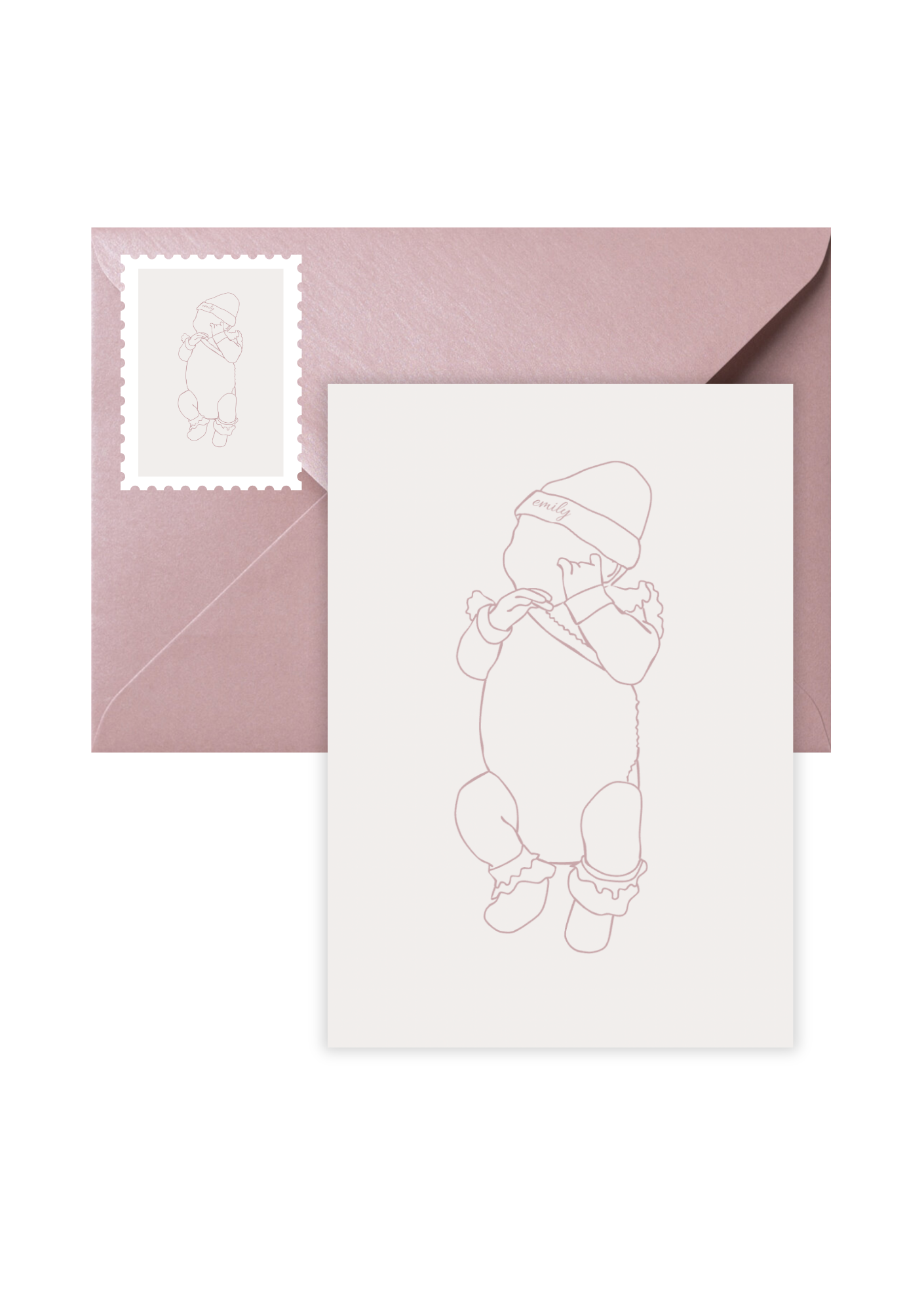 Een geboortekaart met een lijntekening van een kind met een muts met de naam ‘emily’, bedoeld voor een kerst‑ of wintergroet, liggend op een roze envelop met een bijpassende postzegel met dezelfde tekening.