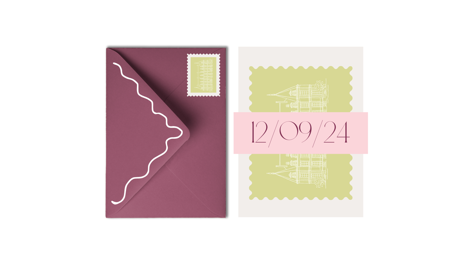 Een roze envelop met een witte decoratieve rand op de flap en een postzegel met een gebouw. Daarnaast ligt een open kaart met een lichtgroene illustratie van een kerk en een roze balk waarop de trouwdatum ‘12/09/24’ staat, met zwarte achtergrond.