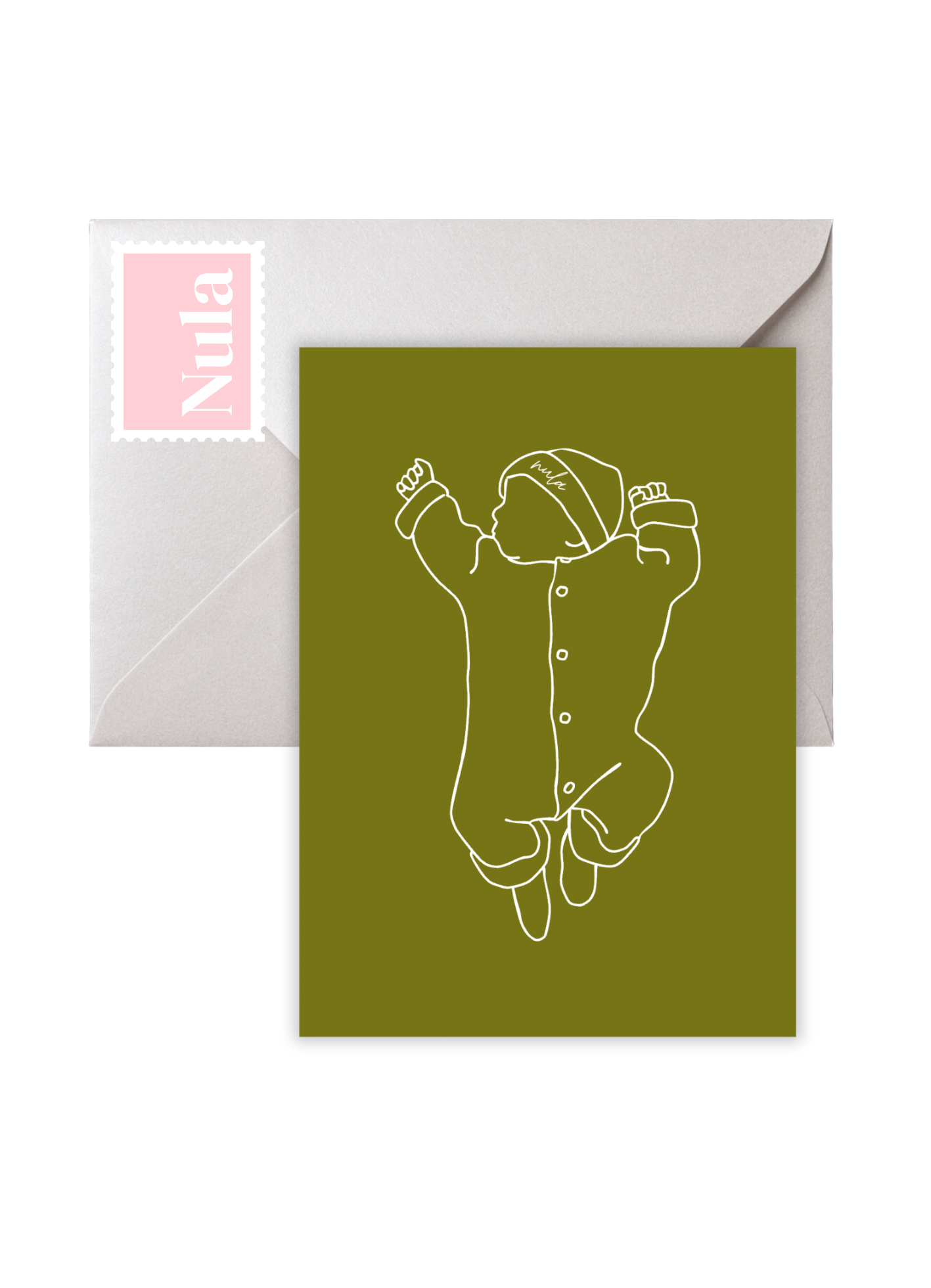 Een geboortekaart met een lijnillustratie van een baby met een muts en jas, geplaatst op een groene achtergrond, en een witte envelop met een roze postzegel met de naam ‘Nula’.