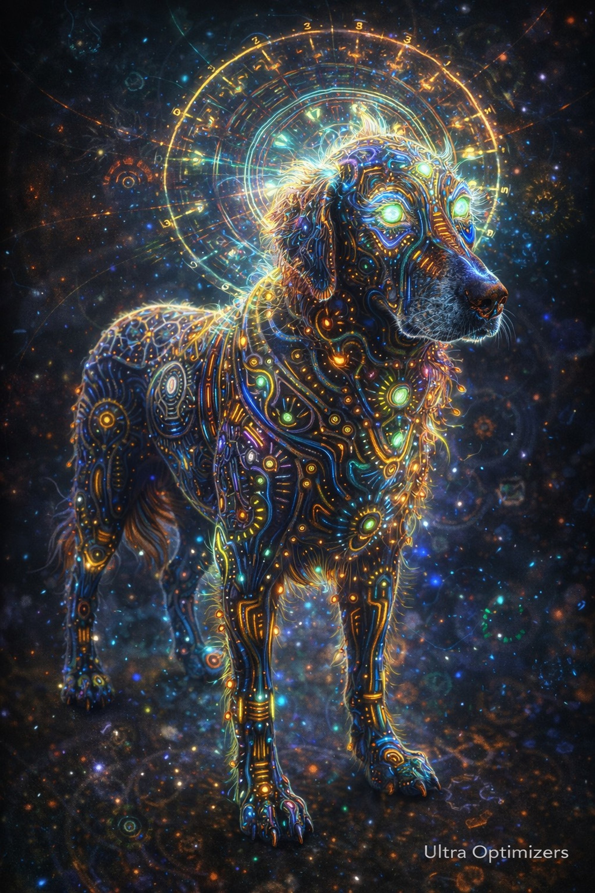 Futuristic digital art of a dog with glowing circuitry patterns covering its body and head, set against a cosmic background with glowing clock and star-like points of light.