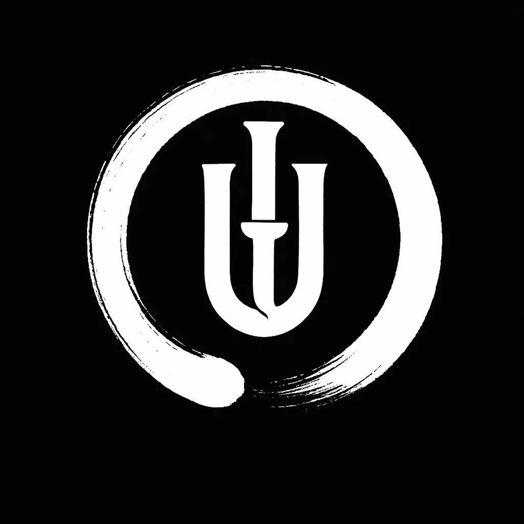 A black and white abstract logo with a circular brush stroke surrounding a stylized letter 'U' and 'T' intertwined.