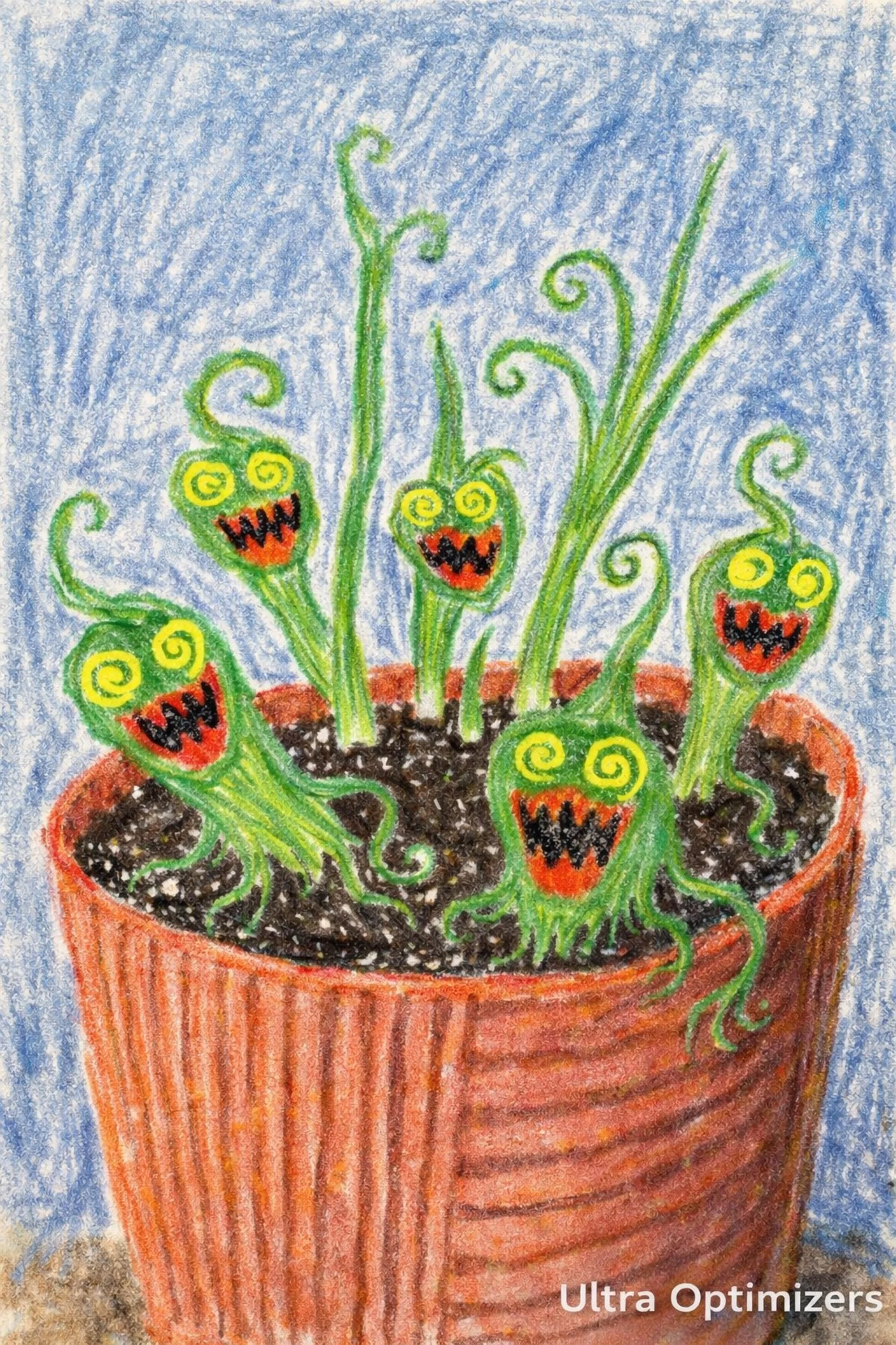 Colorful drawing of a potted plant with green, monster-like flowers that have yellow spiral eyes and jagged red mouths, set against a blue background.