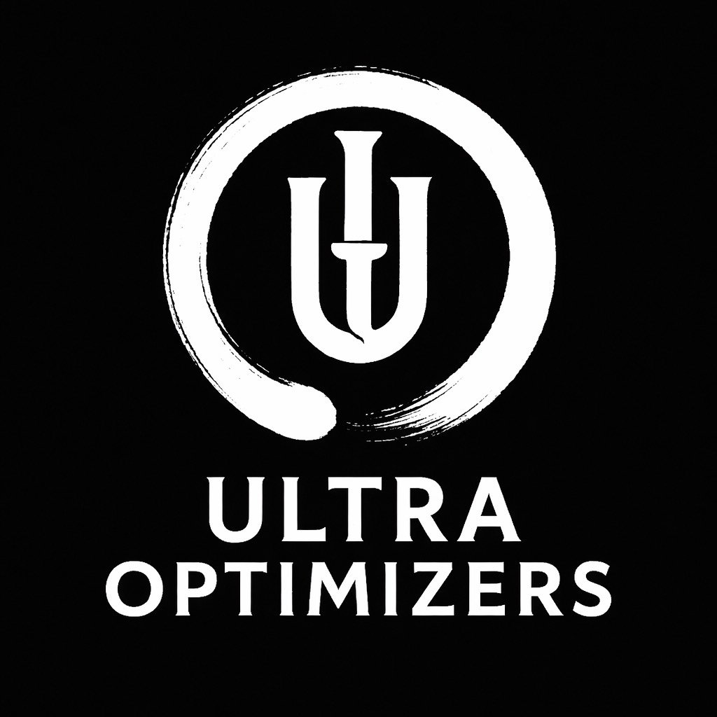 Black background with a white circular brushstroke and a stylized monogram 'UO' in the center, with the words 'ULTRA OPTIMIZERS' written below.
