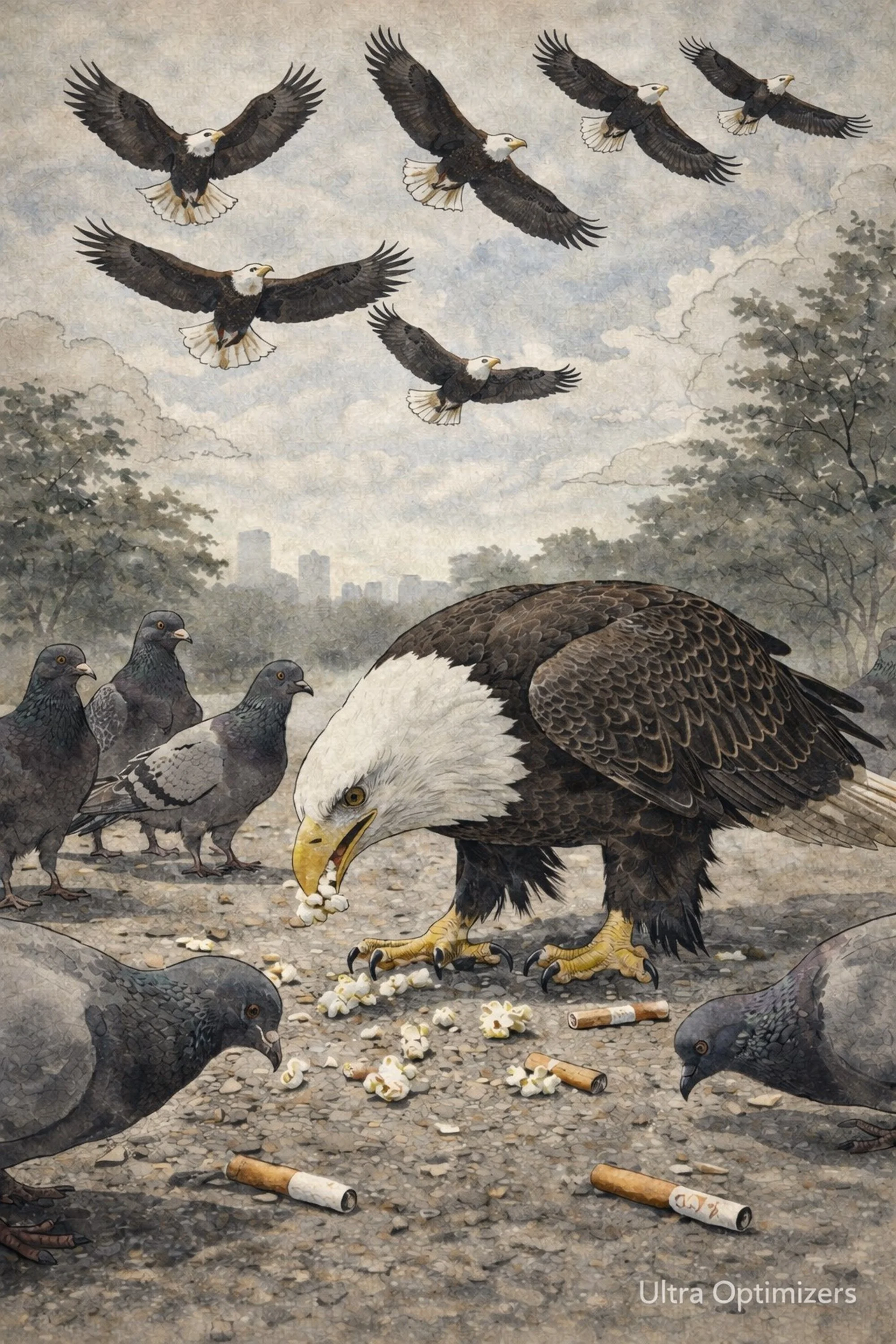 An illustration of a bald eagle surrounded by pigeons, with some pigeons flying and others on the ground among popcorn and cigarette butts, set against a cityscape background.