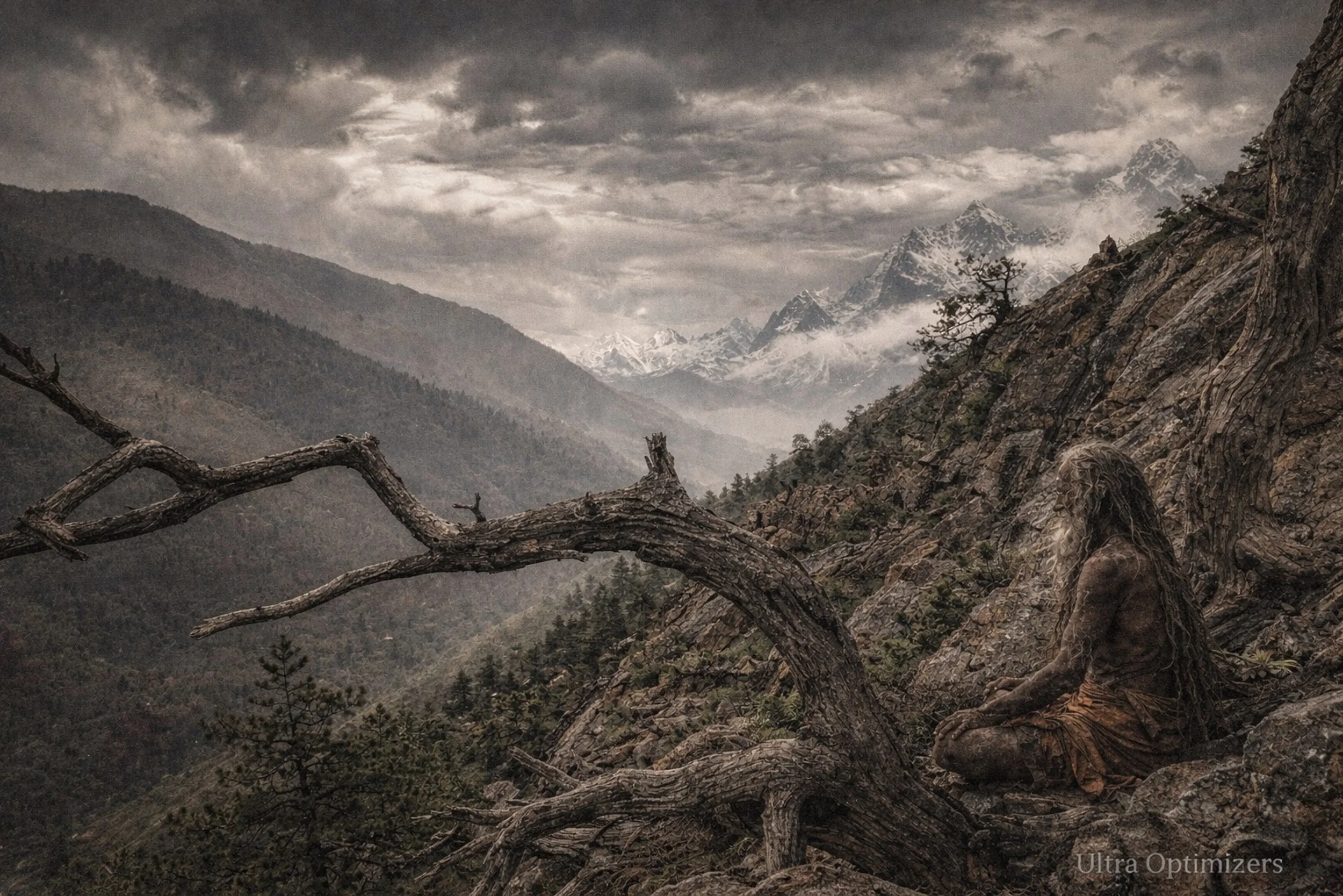 A woman with long, curly hair sitting in a mountainous landscape with rugged terrain, snow-capped peaks in the background, and stormy clouds overhead.