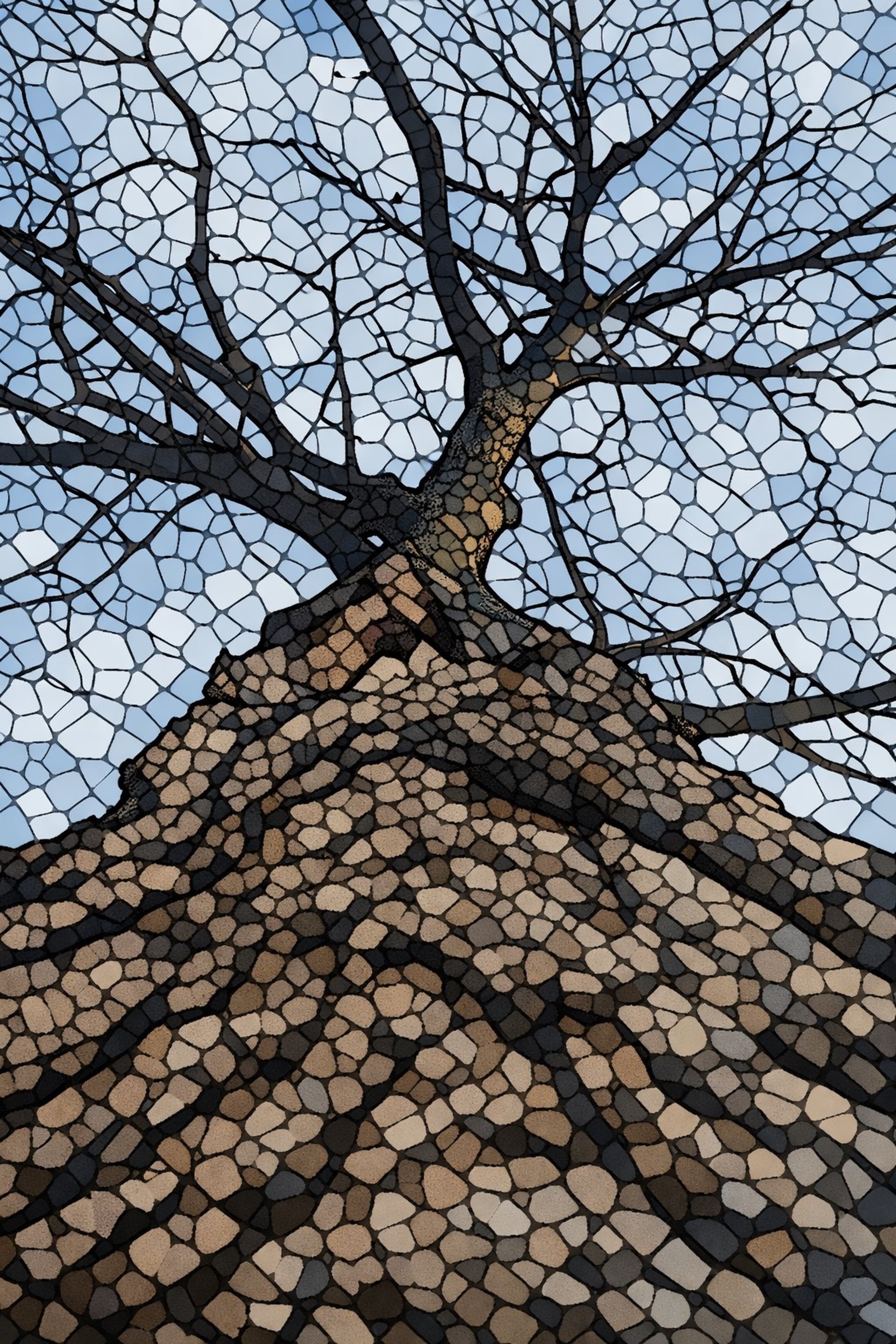 A mosaic-style artistic image of a tree with bare branches against a blue sky.