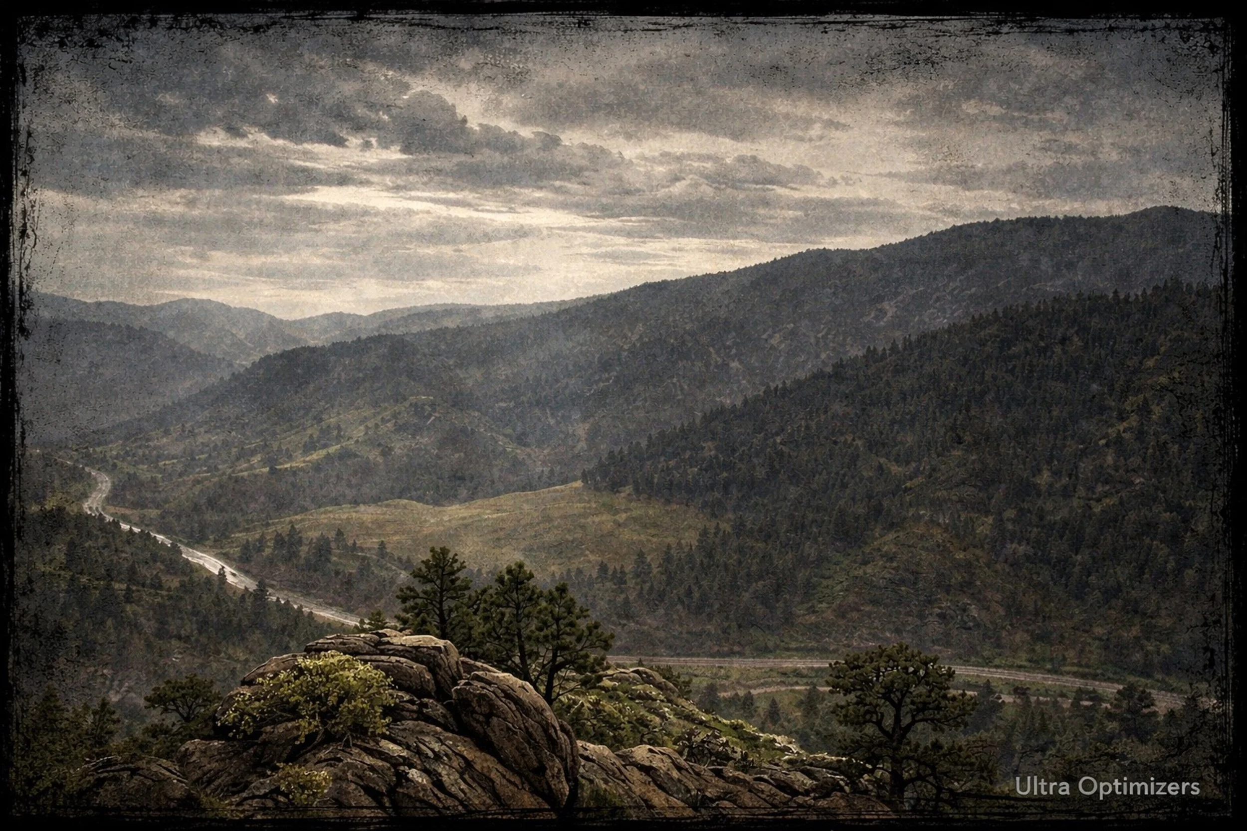 Scenic view of mountain ranges covered with trees and clouds in the sky, with a rocky foreground and a winding road passing through the valley.