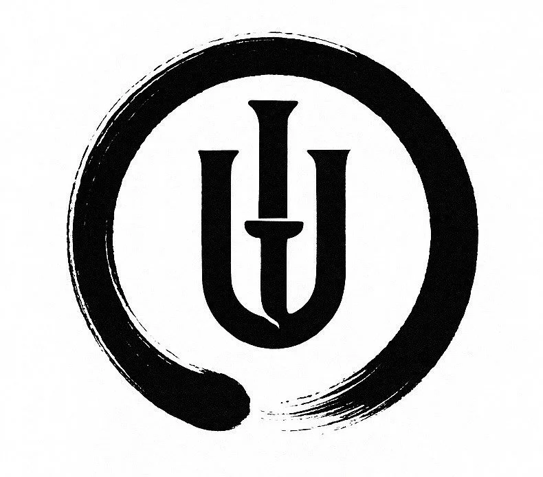 Black and white logo with a circular brushstroke surrounding a stylized sword and shield symbol.