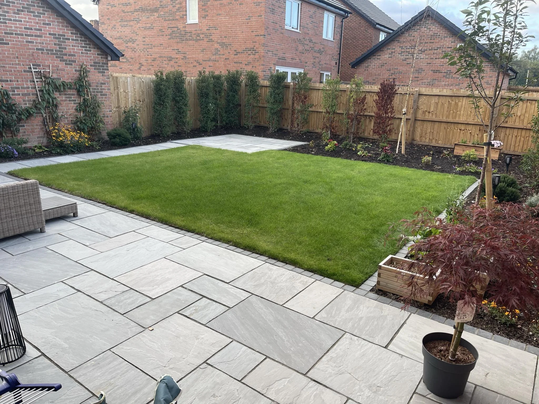 Backyard garden with green grass, potted tree, small plants, and flower bed bordered by a wooden fence, with brick houses in the background.
