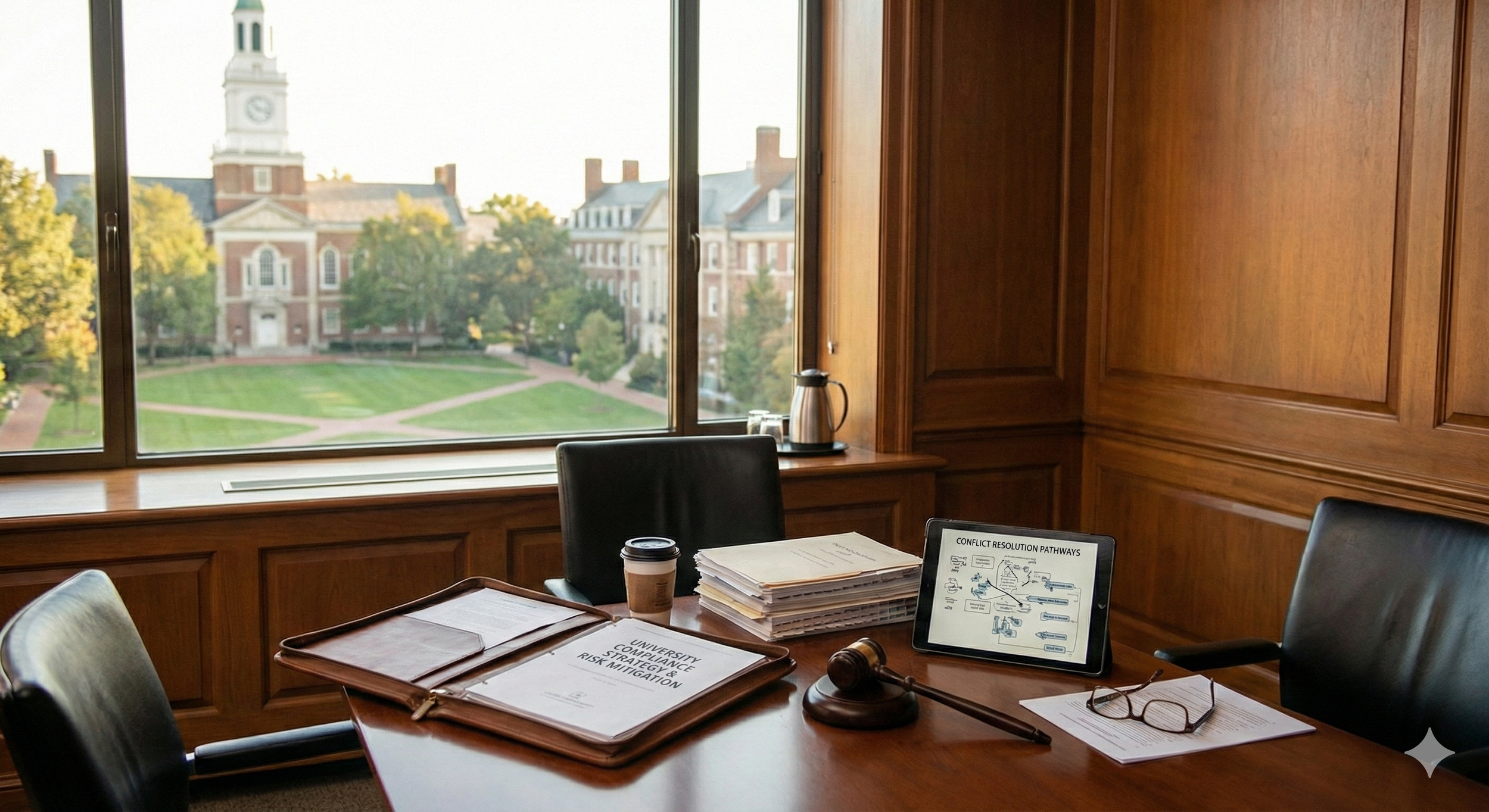 A conference room with a large window overlooking a university campus, with a table containing documents, a gavel, glasses, a coffee cup, and a tablet displaying a flowchart.