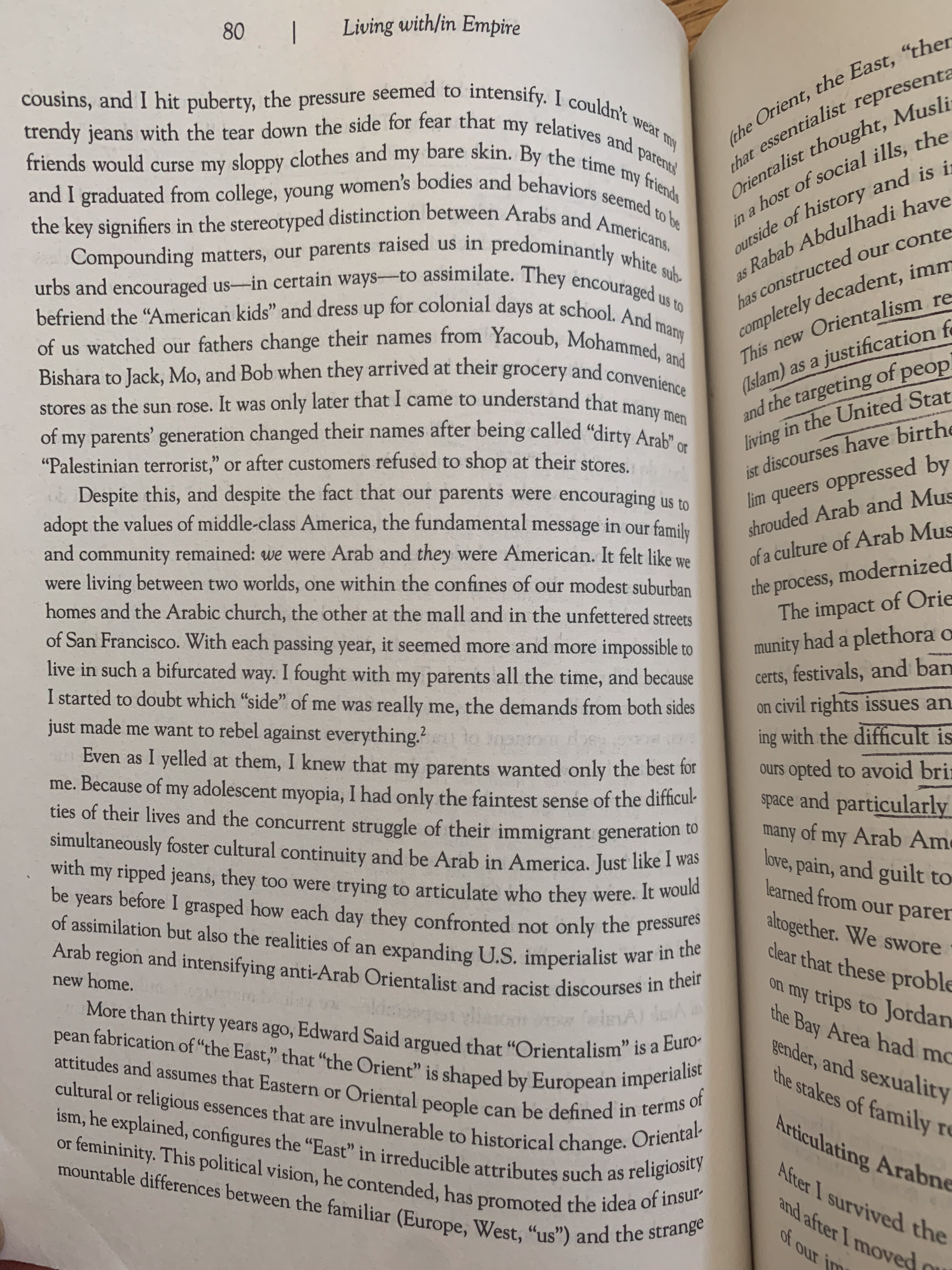 Open book showing pages 80 of a book titled "Living within Empire." The visible text discusses cultural identity, stereotypes, and history related to Arab and Muslim communities.