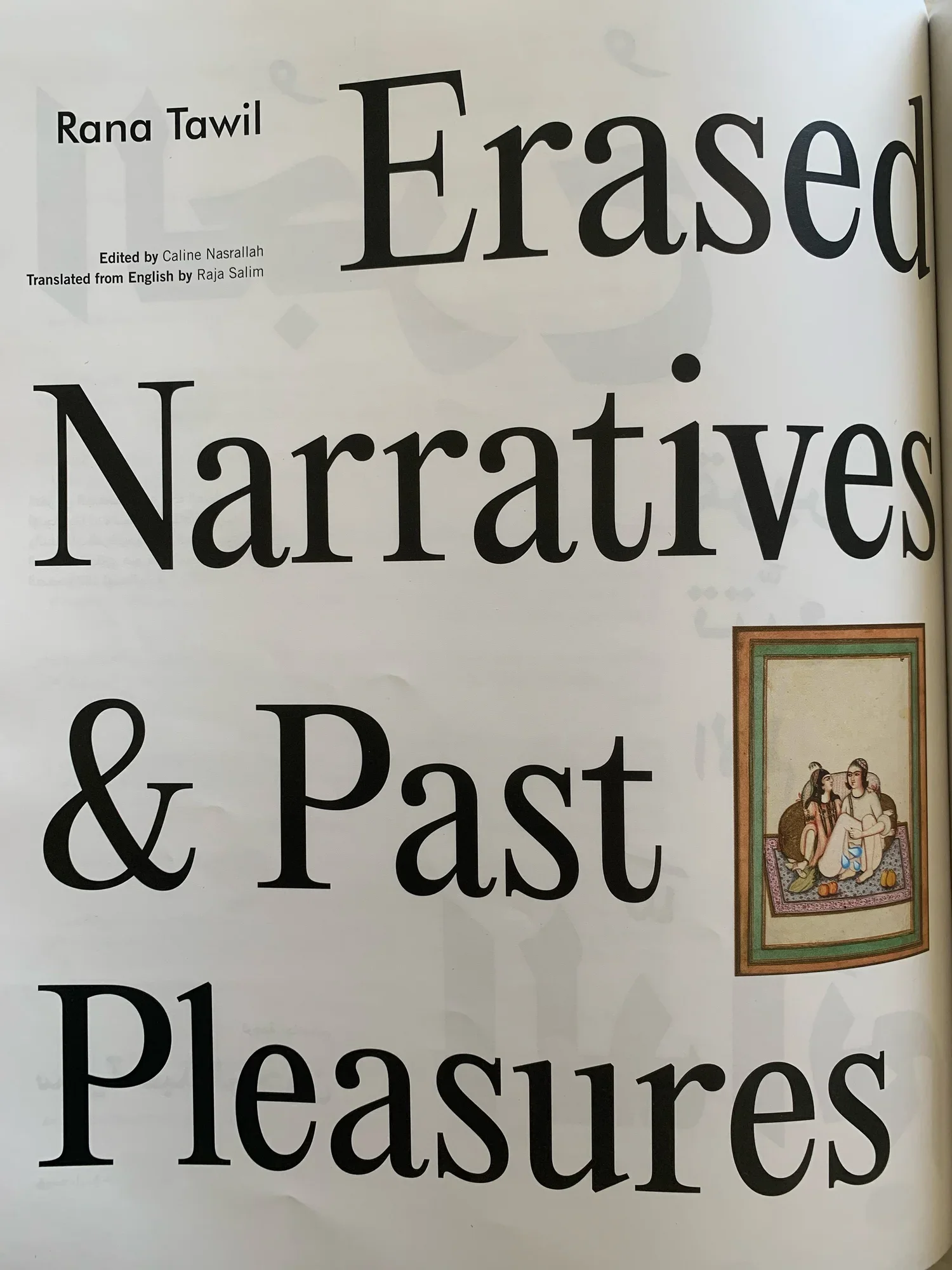 A page from a book featuring the title 'Fascinated' with the author's name 'Rana Tawil' and the editor's name 'Caline Nasrallah'. There is also a small illustration of traditional Middle Eastern art showing three women, one sitting on a cushion, within a decorative frame.