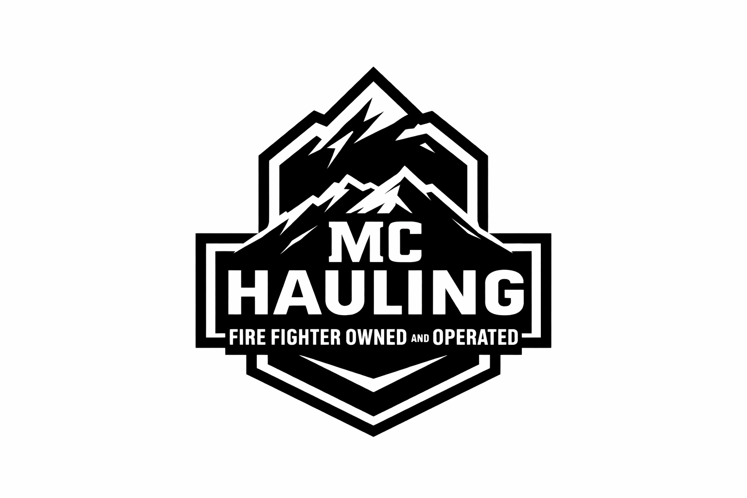 Logo with mountain illustration and text reading 'MC Hauling' and 'Fire fighter owned and operated'.