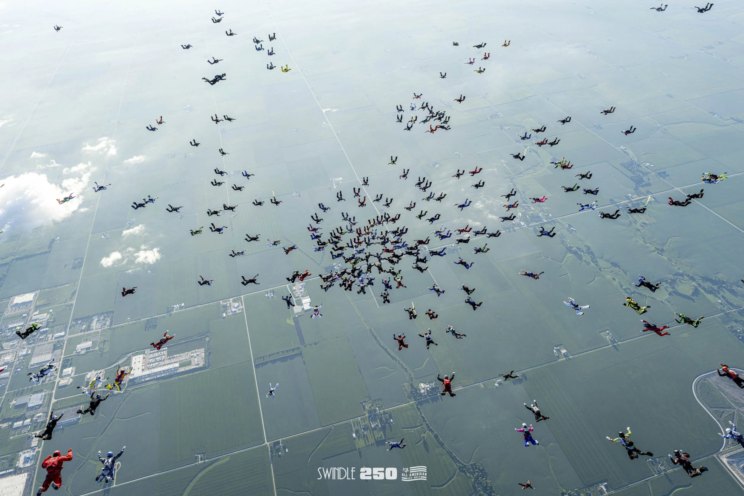 A large group of skydivers in colorful jumpsuits descending in formation over farmland, with some clouds in the sky, during the Swindle 250 skydiving event.