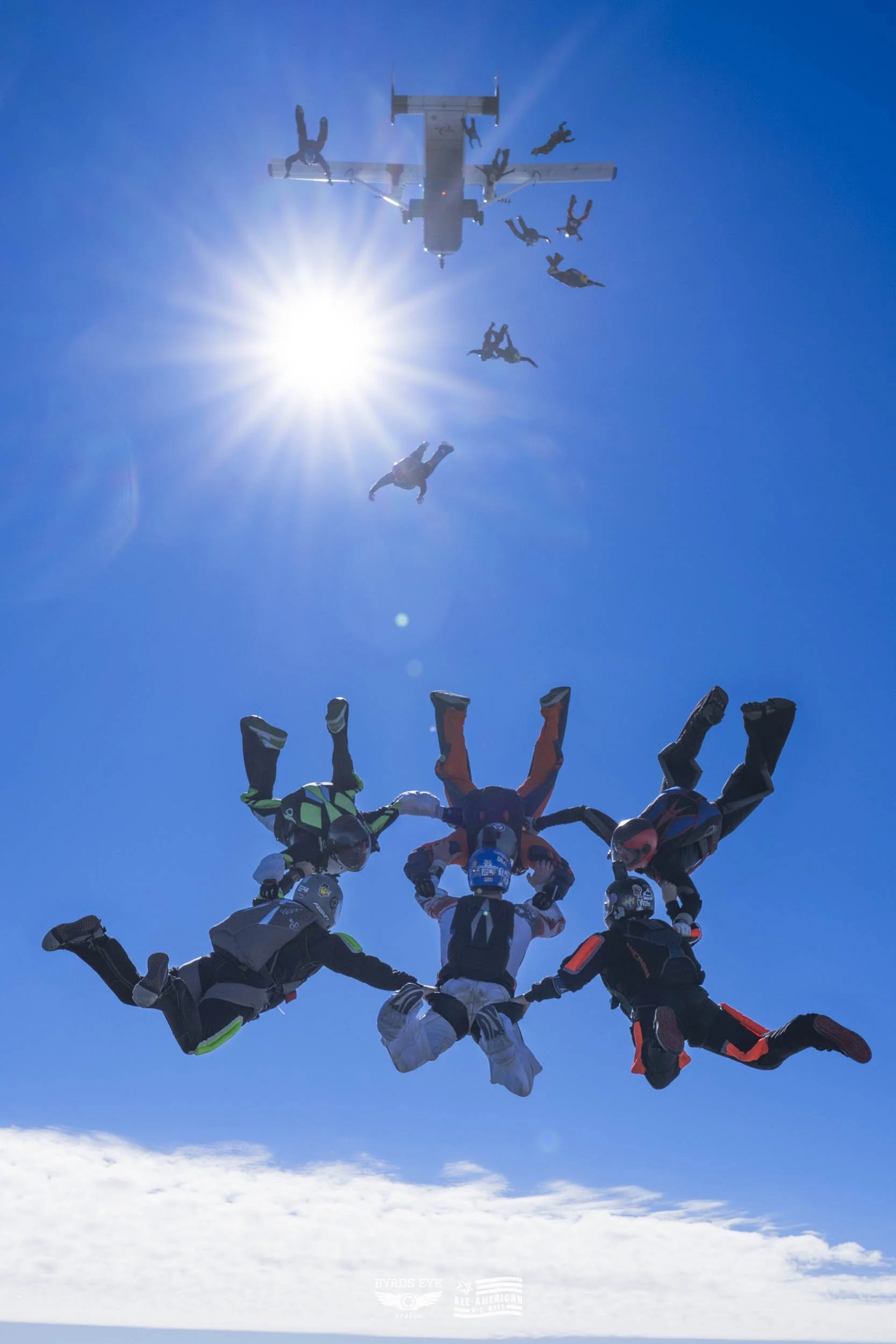Skydivers forming a circle with one skydiver in the middle and another falling towards the group, all against a bright blue sky with the sun shining.
