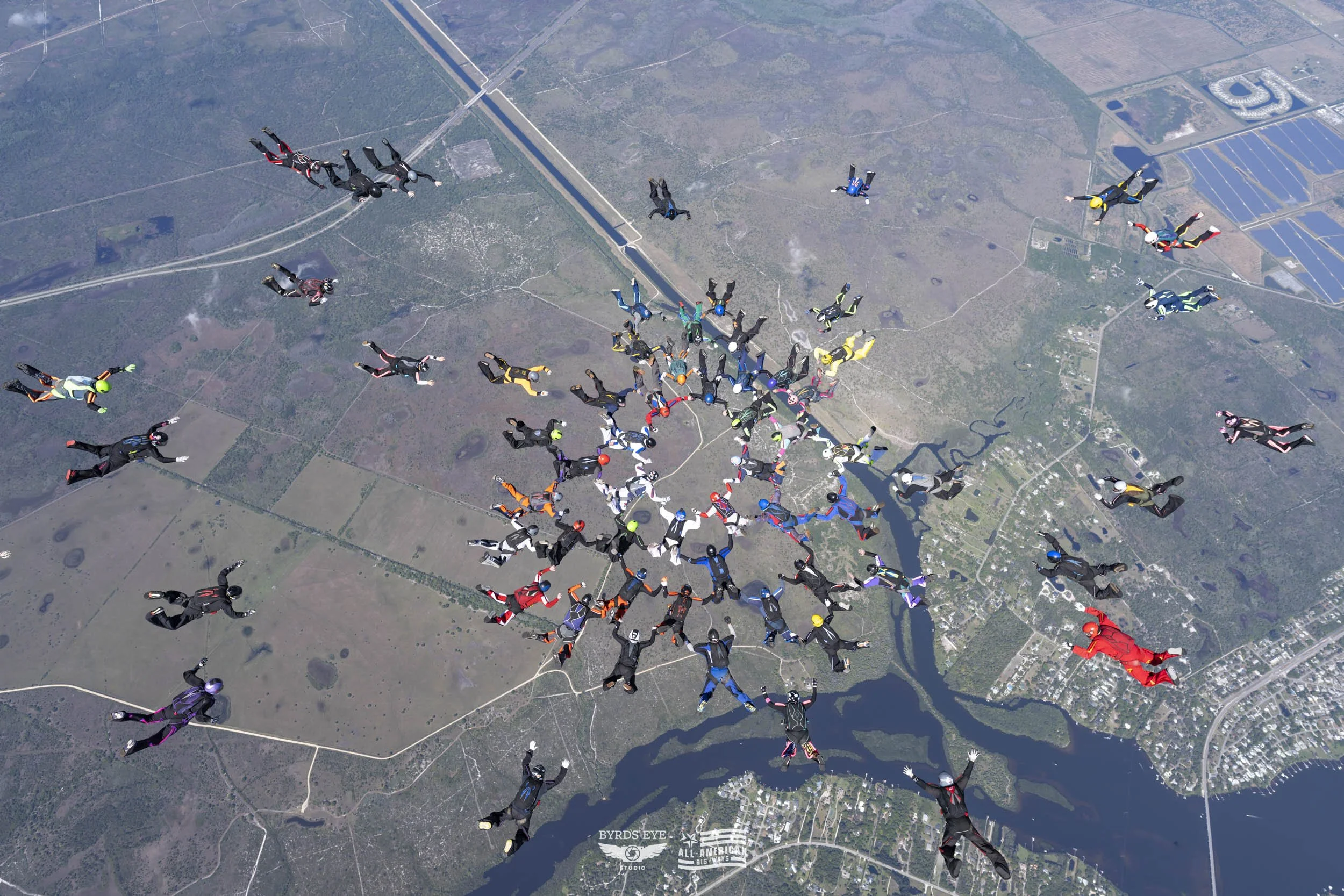 Group of skydivers in colorful jumpsuits and helmets skydiving over a landscape with rivers, roads, and fields.