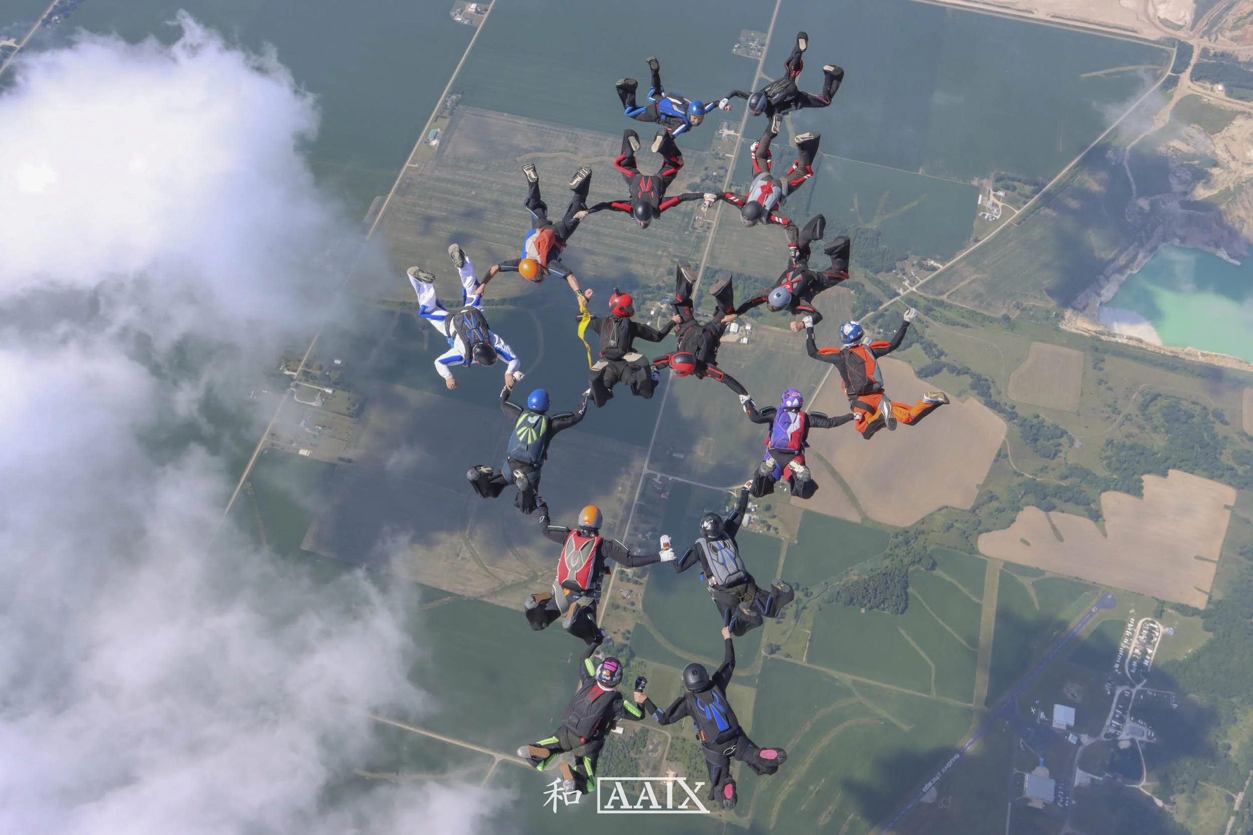 Group of skydivers holding hands in a circle during freefall above a landscape with fields, a lake, and clouds.