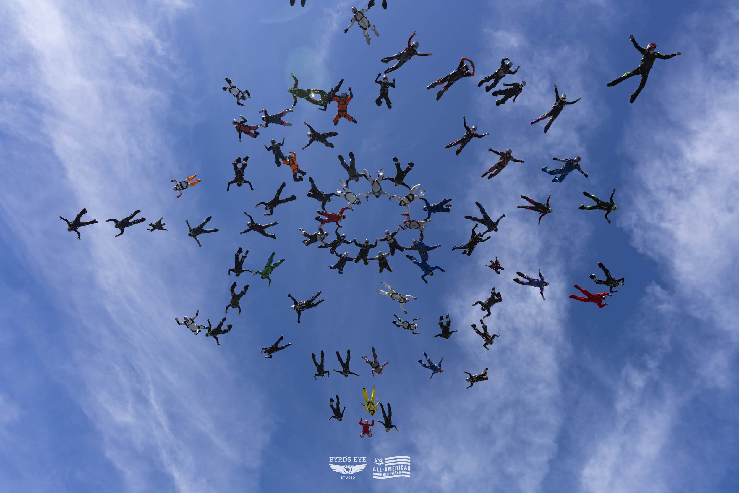A large group of skydivers in various colored jumpsuits and helmets falling through the sky in a circular formation, with a few still aligned in the formation and many others scattered around.
