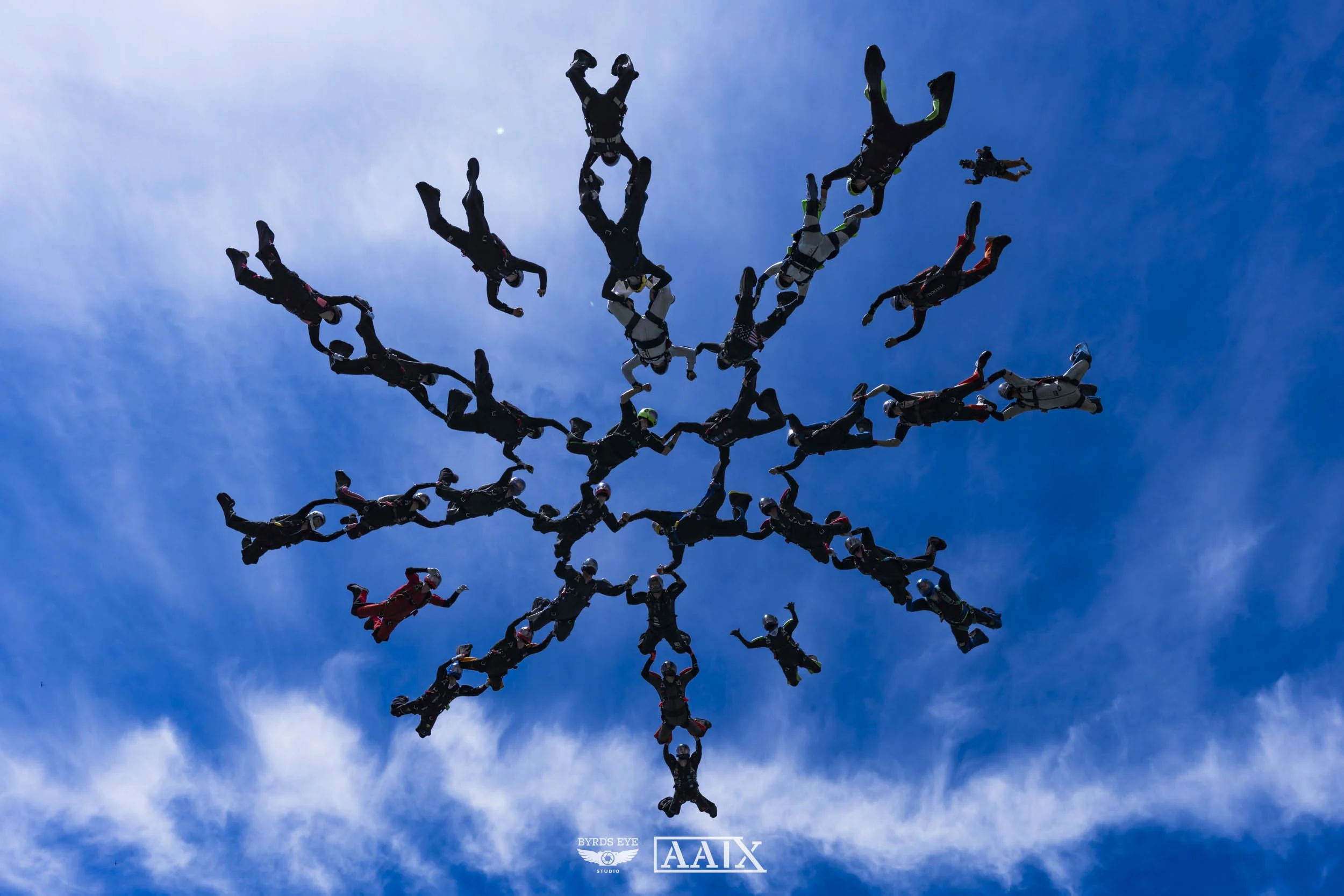 Group of skydivers forming a star pattern in the blue sky.