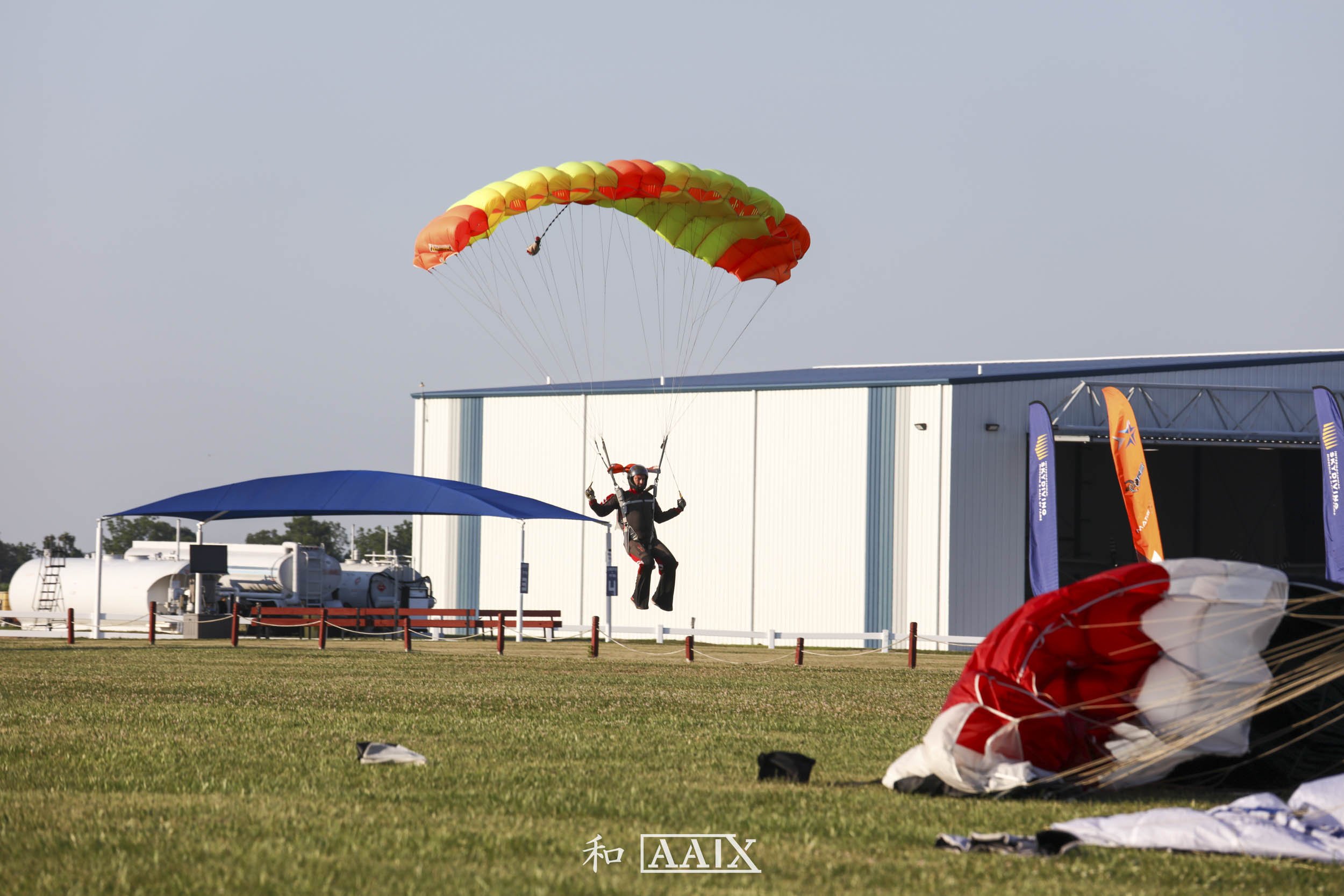 A person in a helmet and harness descending with a parachute after landing in a grassy field, with a vibrant yellow, orange, and green parachute deployed above.
