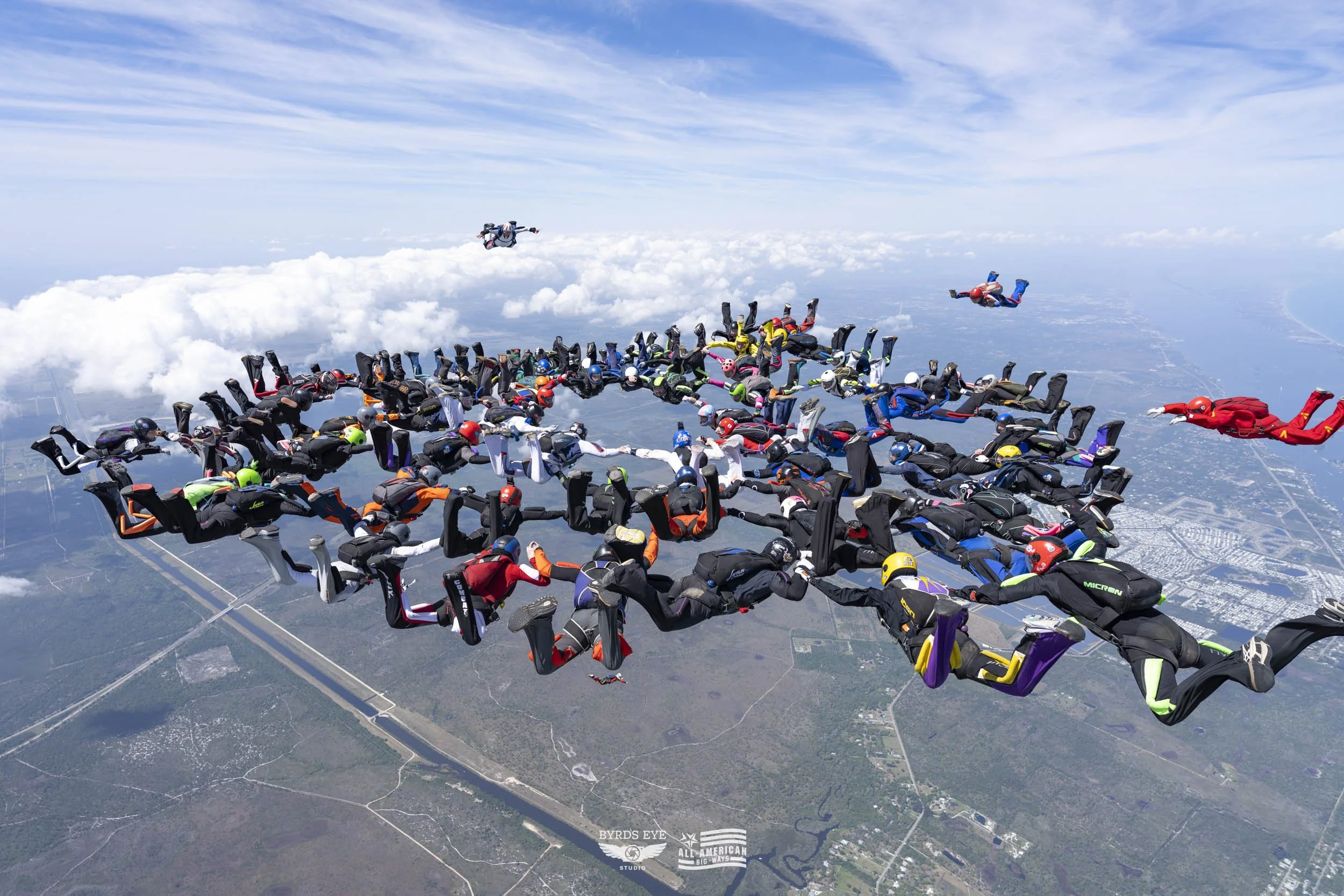 Group of skydivers forming a large connected chain while free-falling through the air above a landscape with clouds and blue sky.