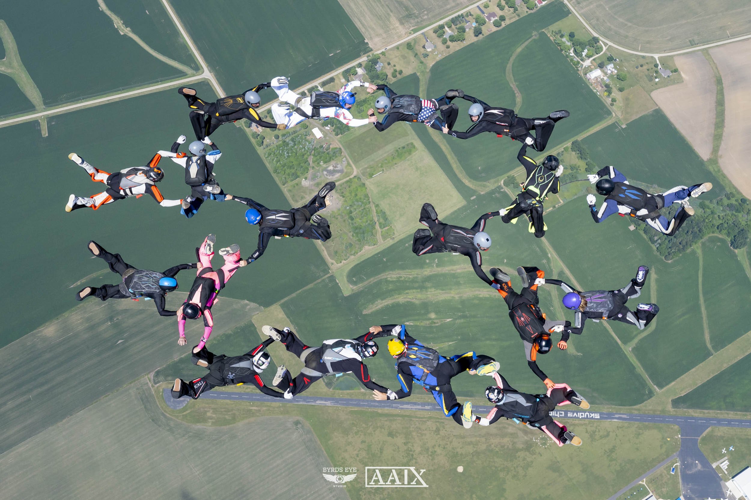 Group of skydivers holding hands in a circle during freefall above farmland, with a clear sky.