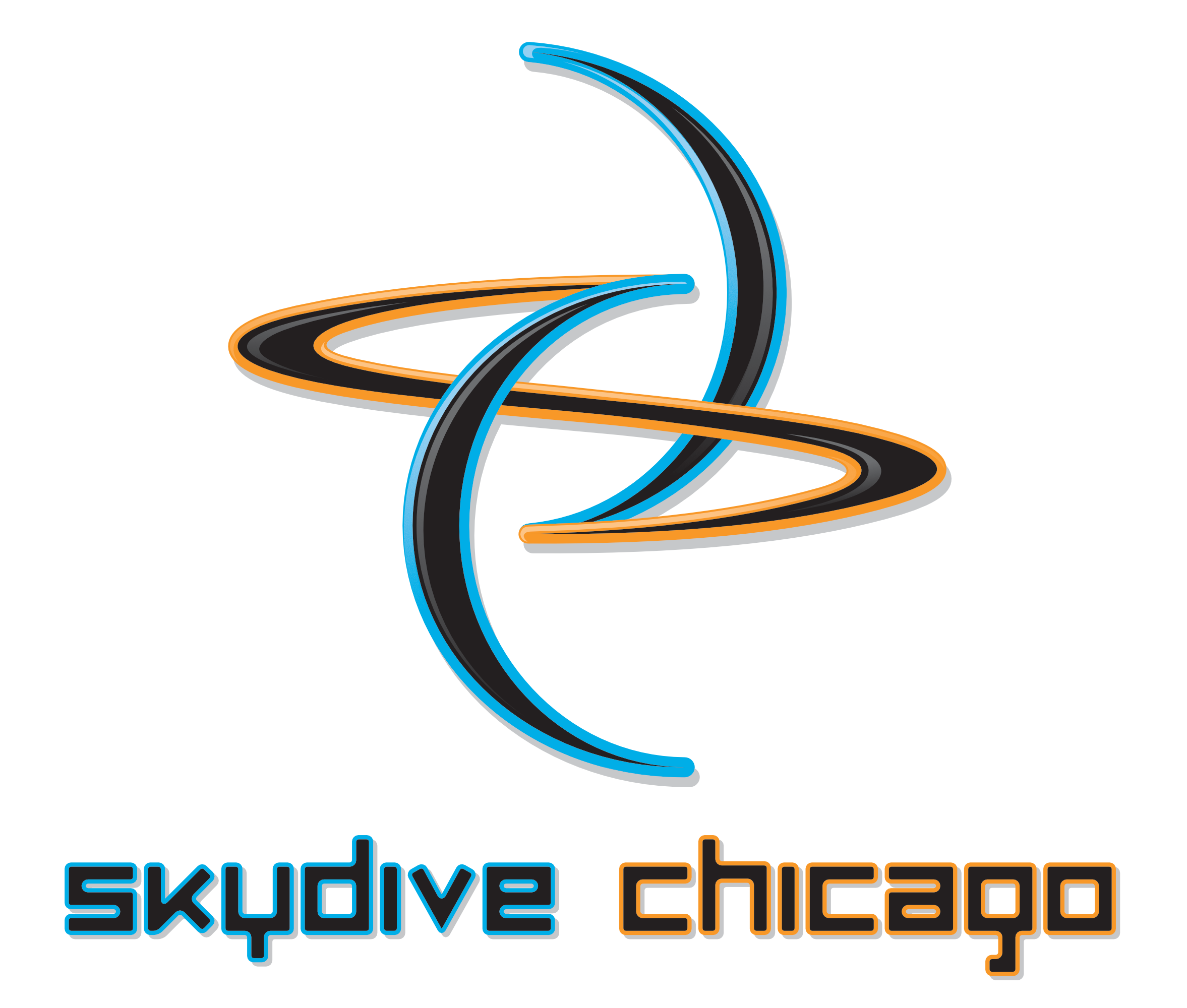 A stylized graphic logo featuring a curved architectural structure with a blue and gray background, and the words 'skydive chicao' in a futuristic font below the graphic.