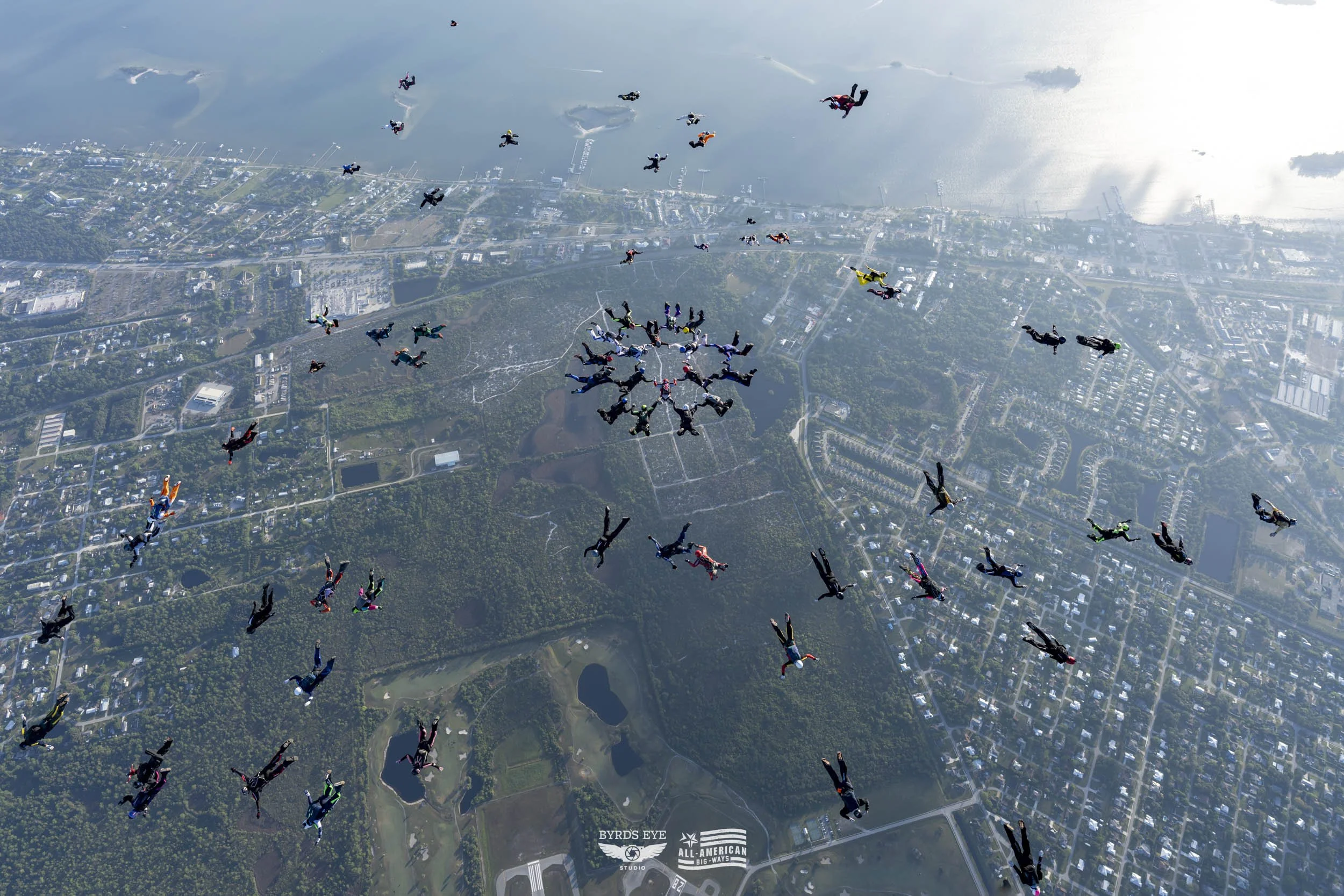 Group of skydivers in free fall over a city with a large park and water bodies below.